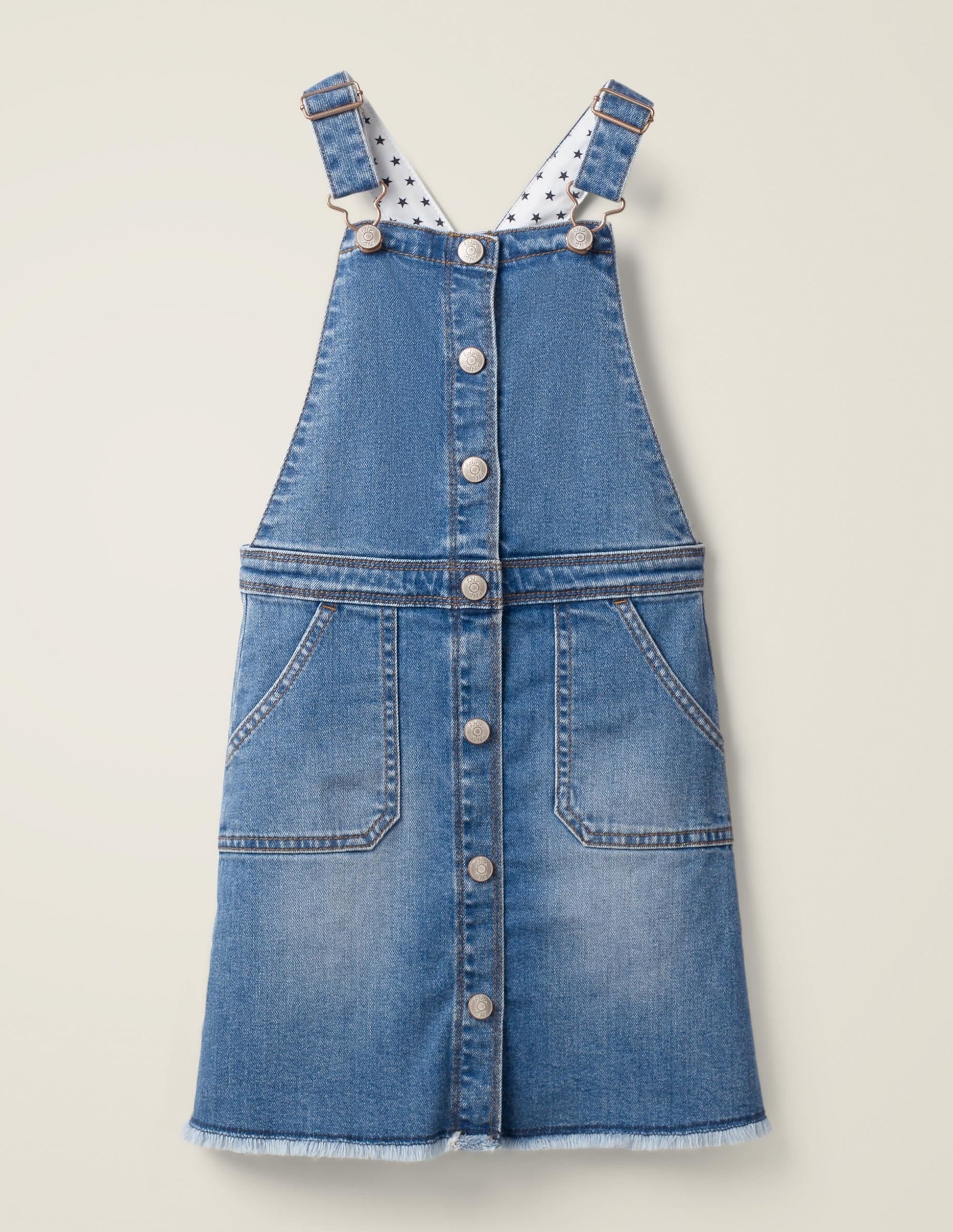 Button Through Dungaree Dress-Mid Vintage Denim-1