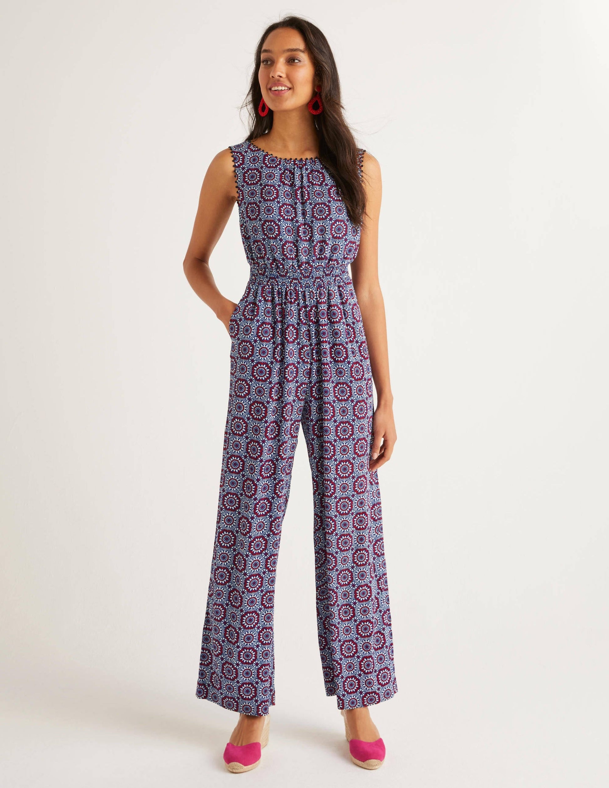 Elisa Pompom Trim Jumpsuit-Bold Blue, Sun Tile-1