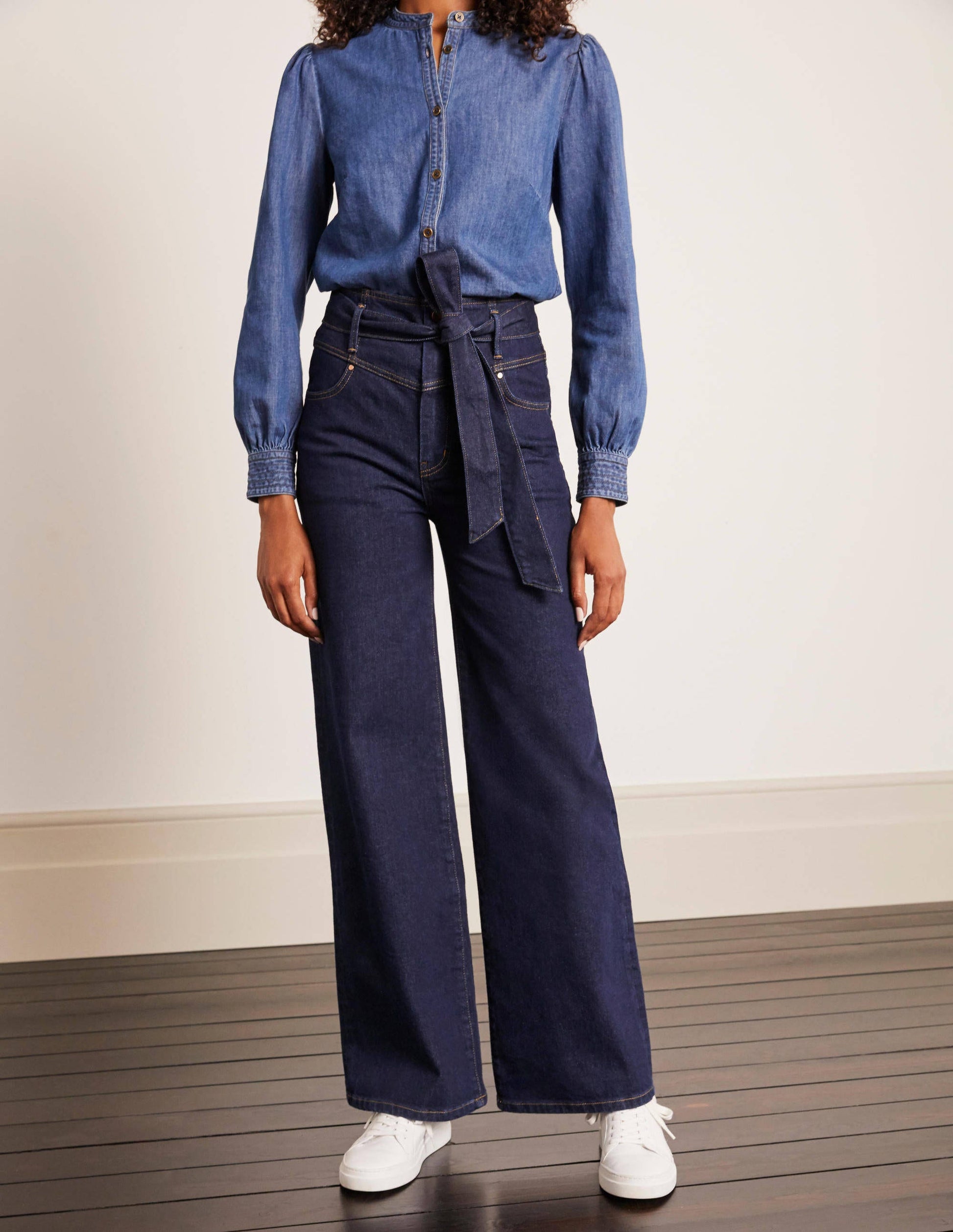 Tie Detail Wide Leg Jeans-Indigo-1