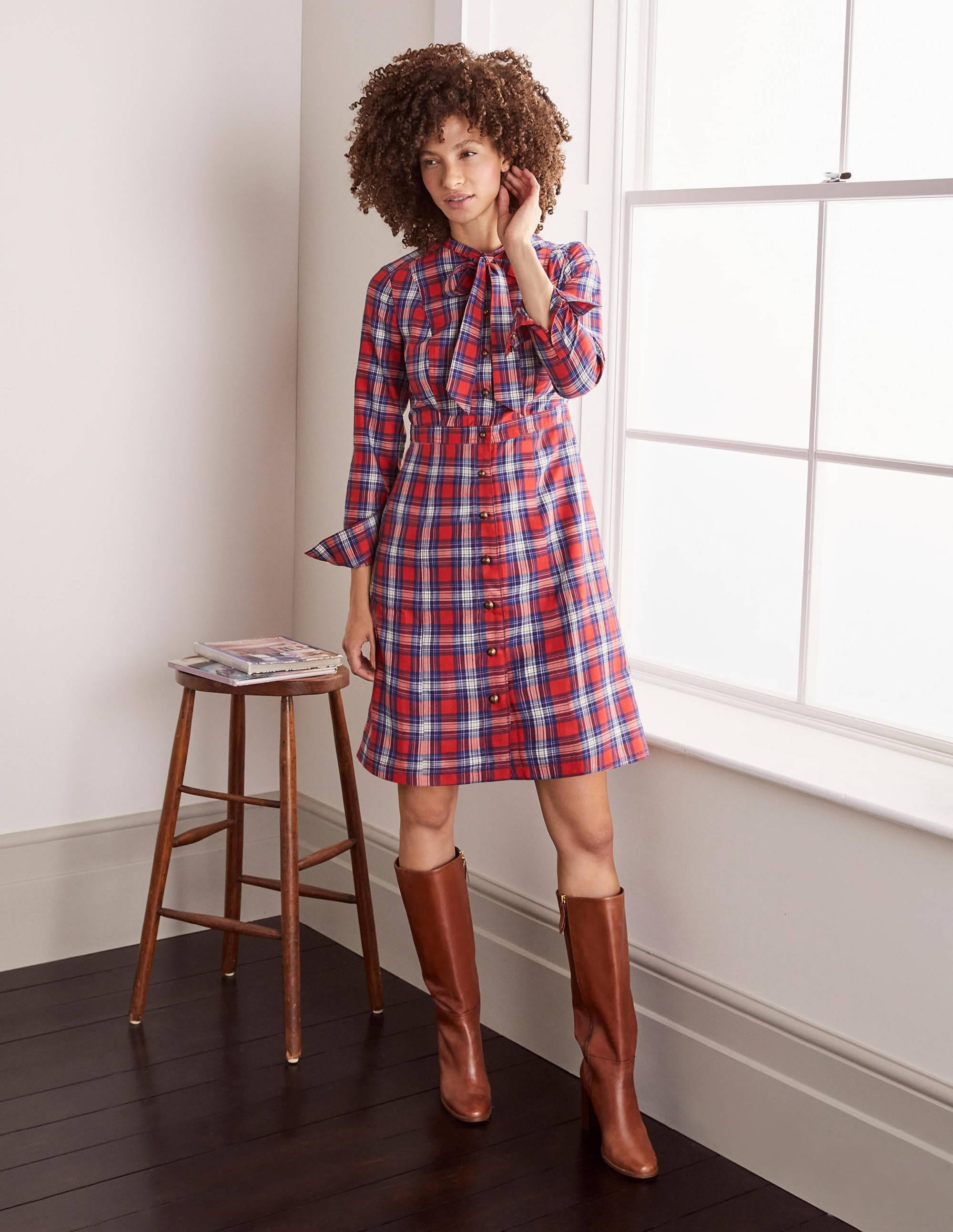 Elspeth Shirt Dress-Red and Ivory Check - Image 1