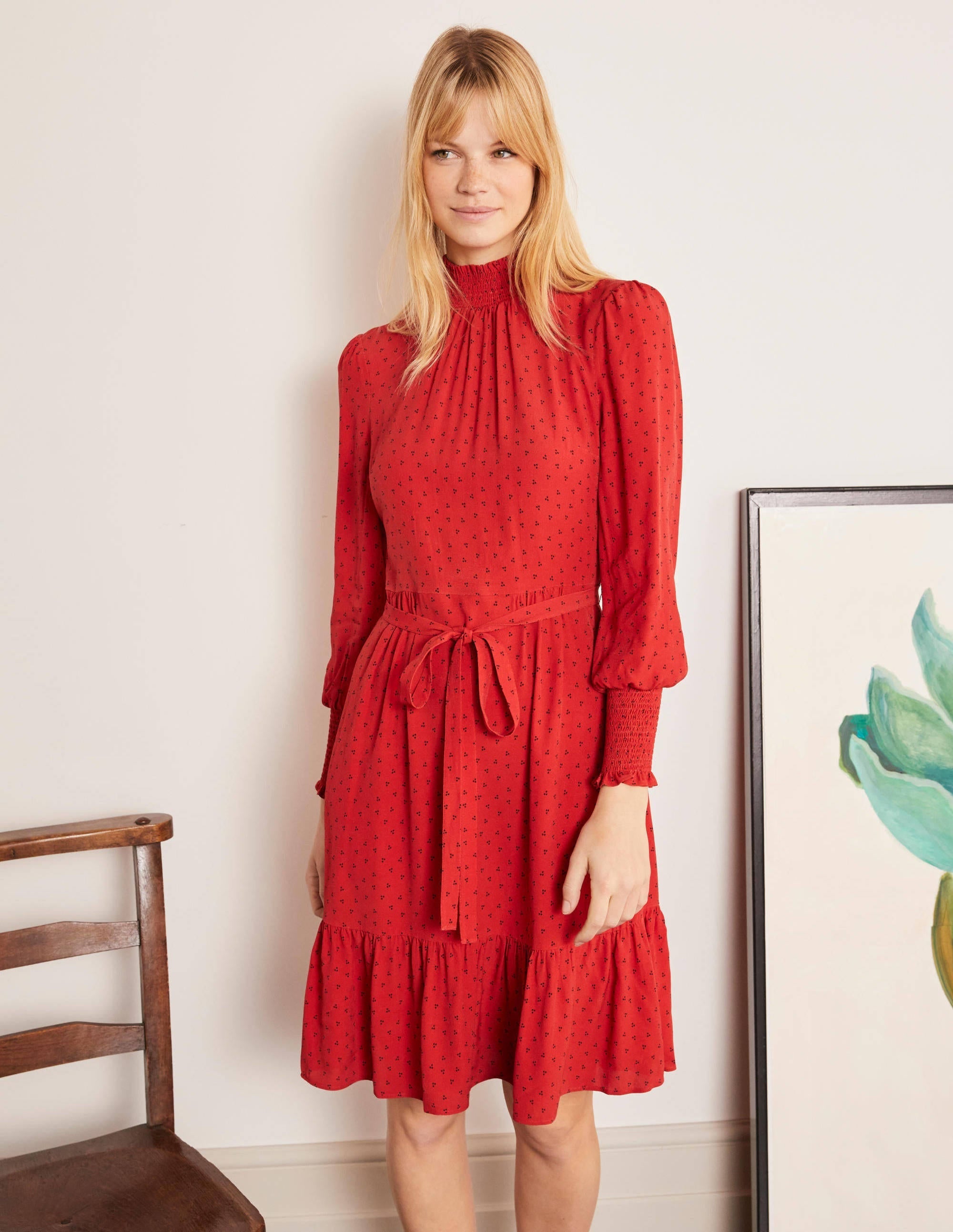 Carrie Smocked Dress-Poinsettia, Triple Spot - Image 4