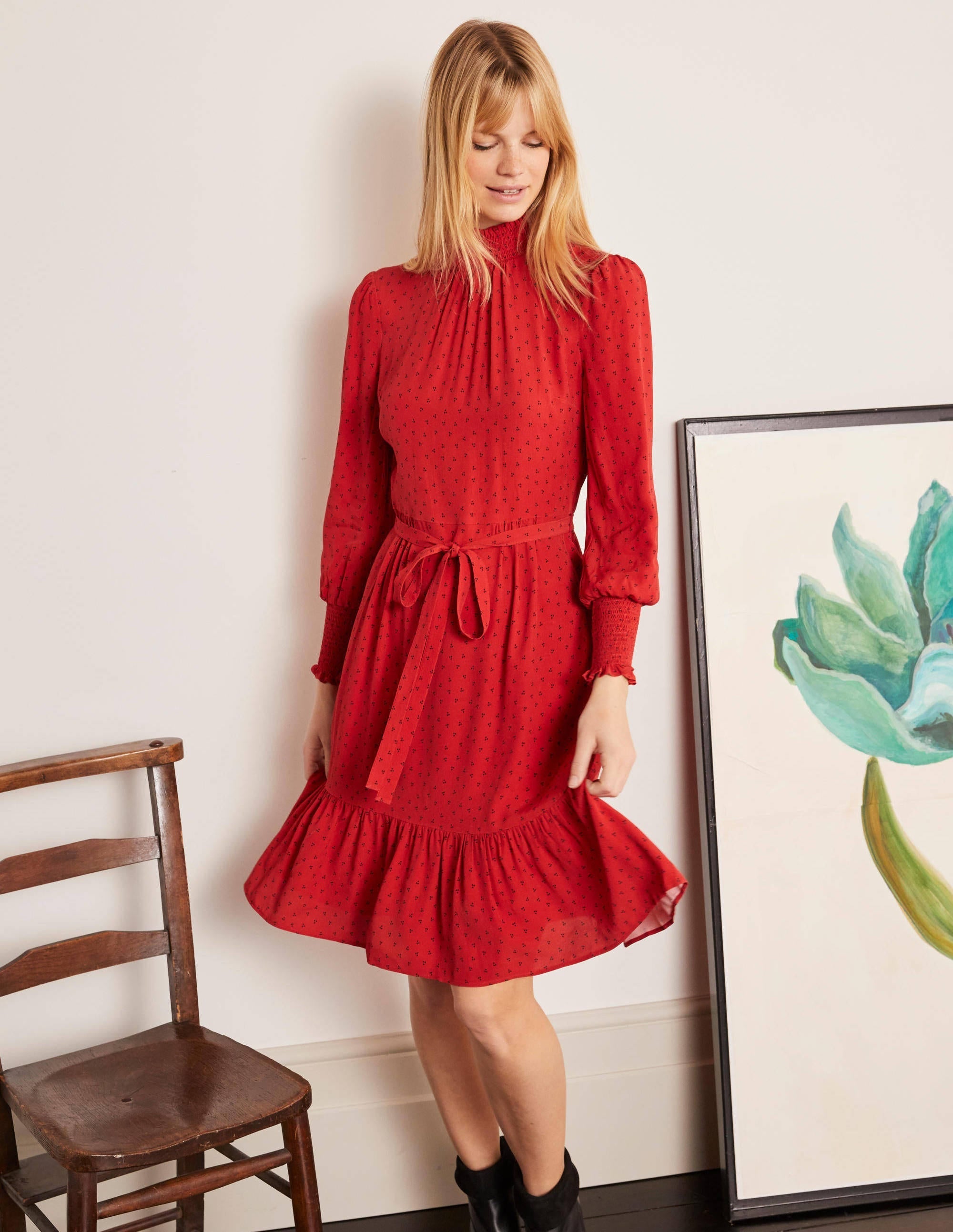 Carrie Smocked Dress-Poinsettia, Triple Spot - Image 3