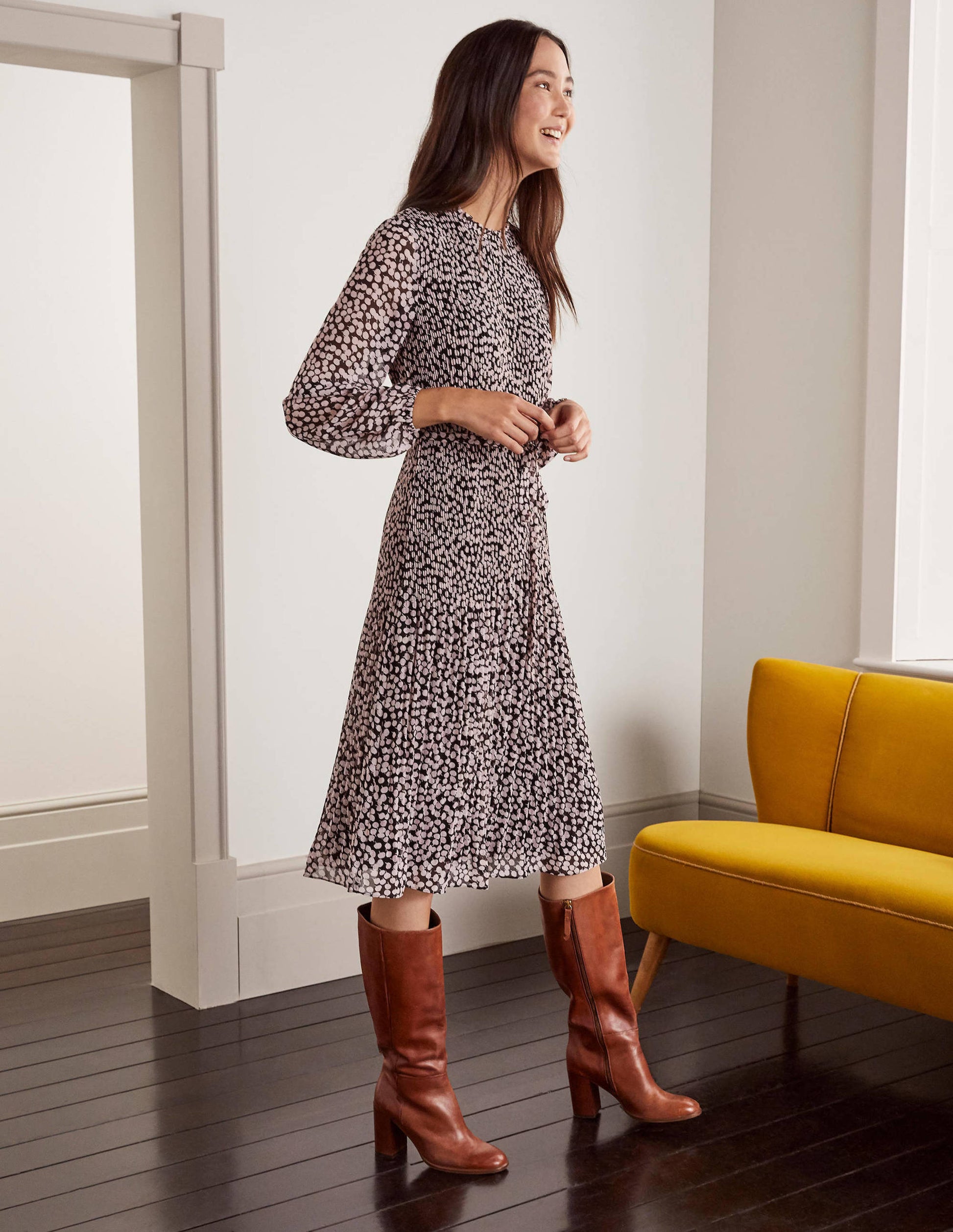 Nell Pleated Dress-Black and Milkshake, Blossom-1