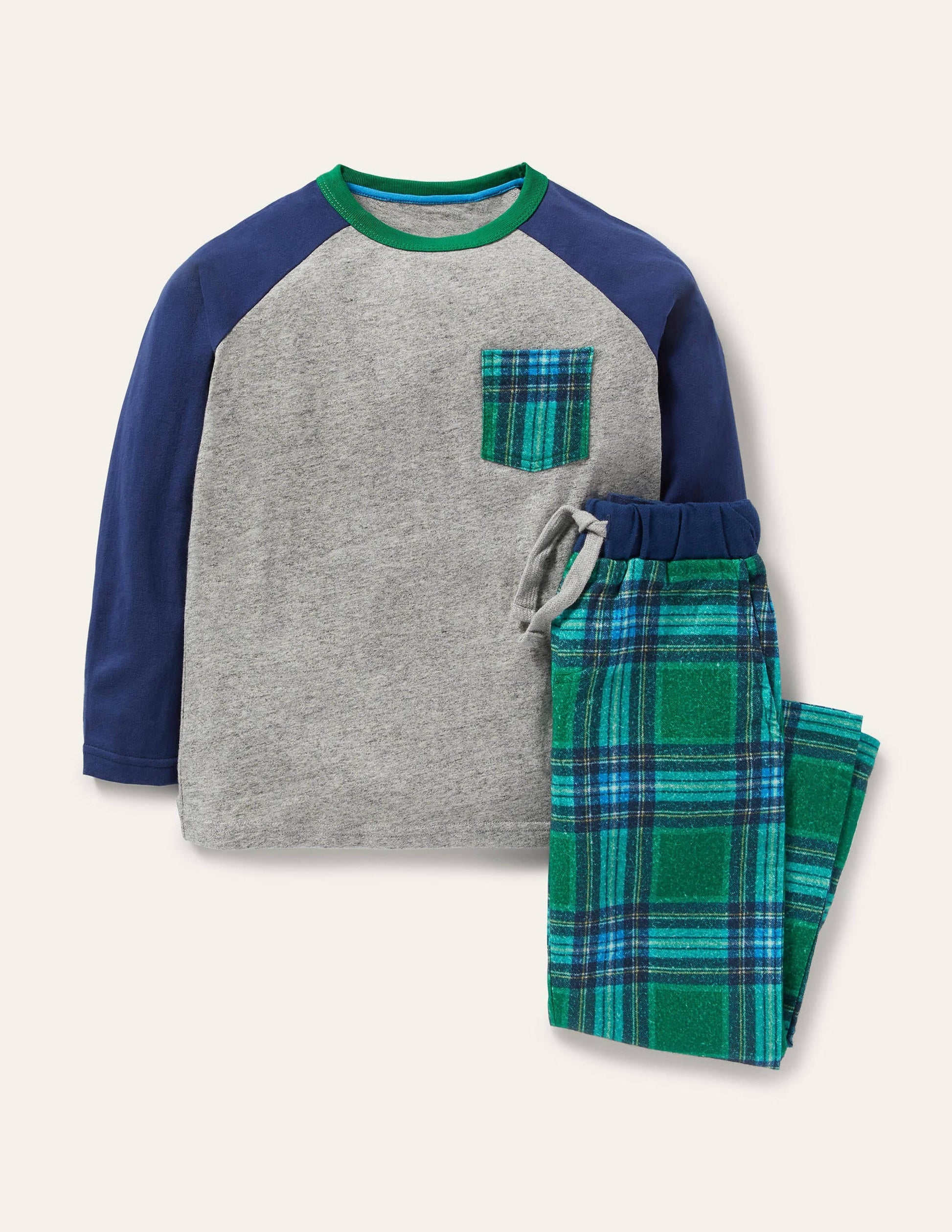 Cosy Brushed Pyjama Set-Grey Marl/Forest Green-1