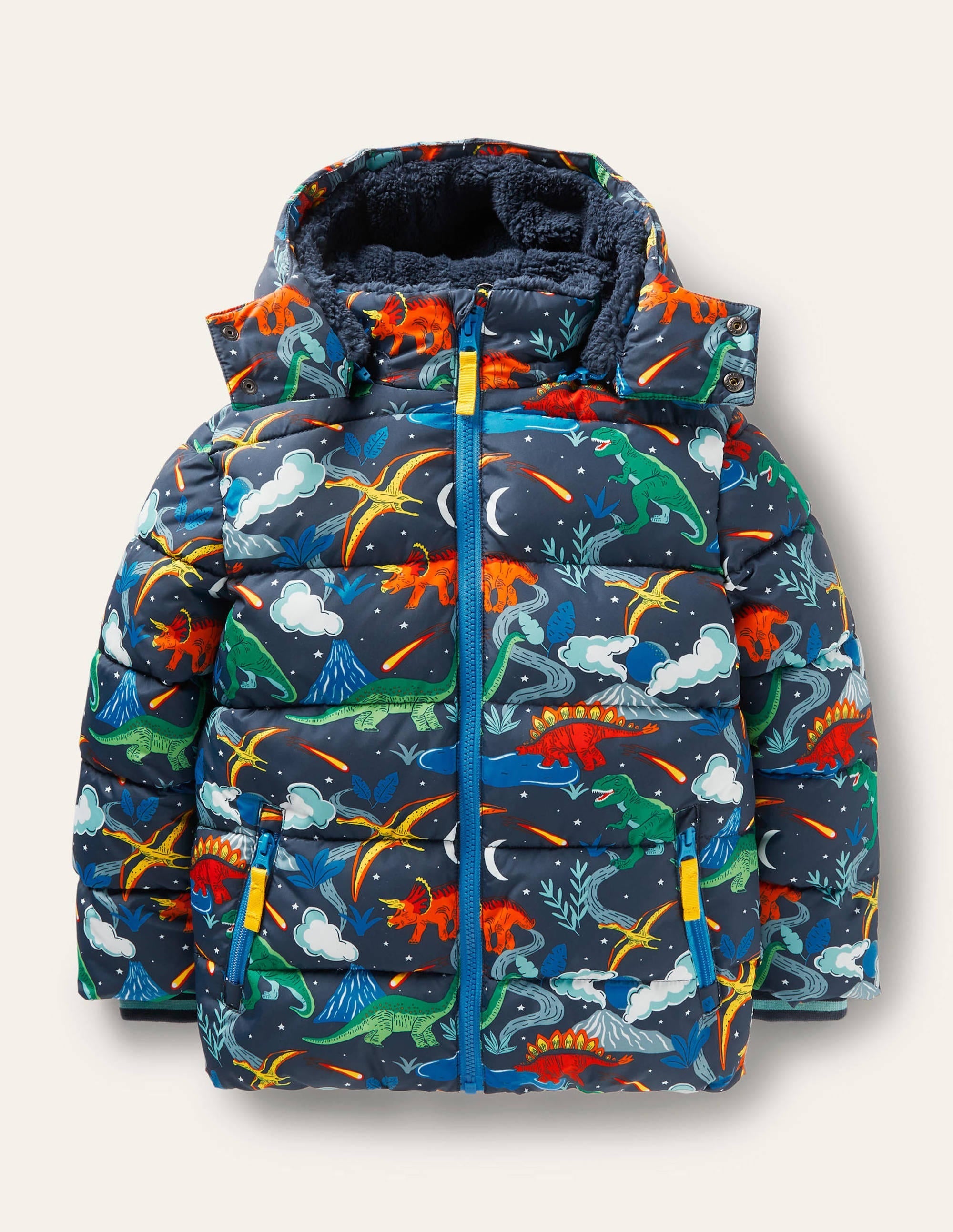 Shower-Resistant Padded Jacket-Soot Grey Dinosaurs - Image 1