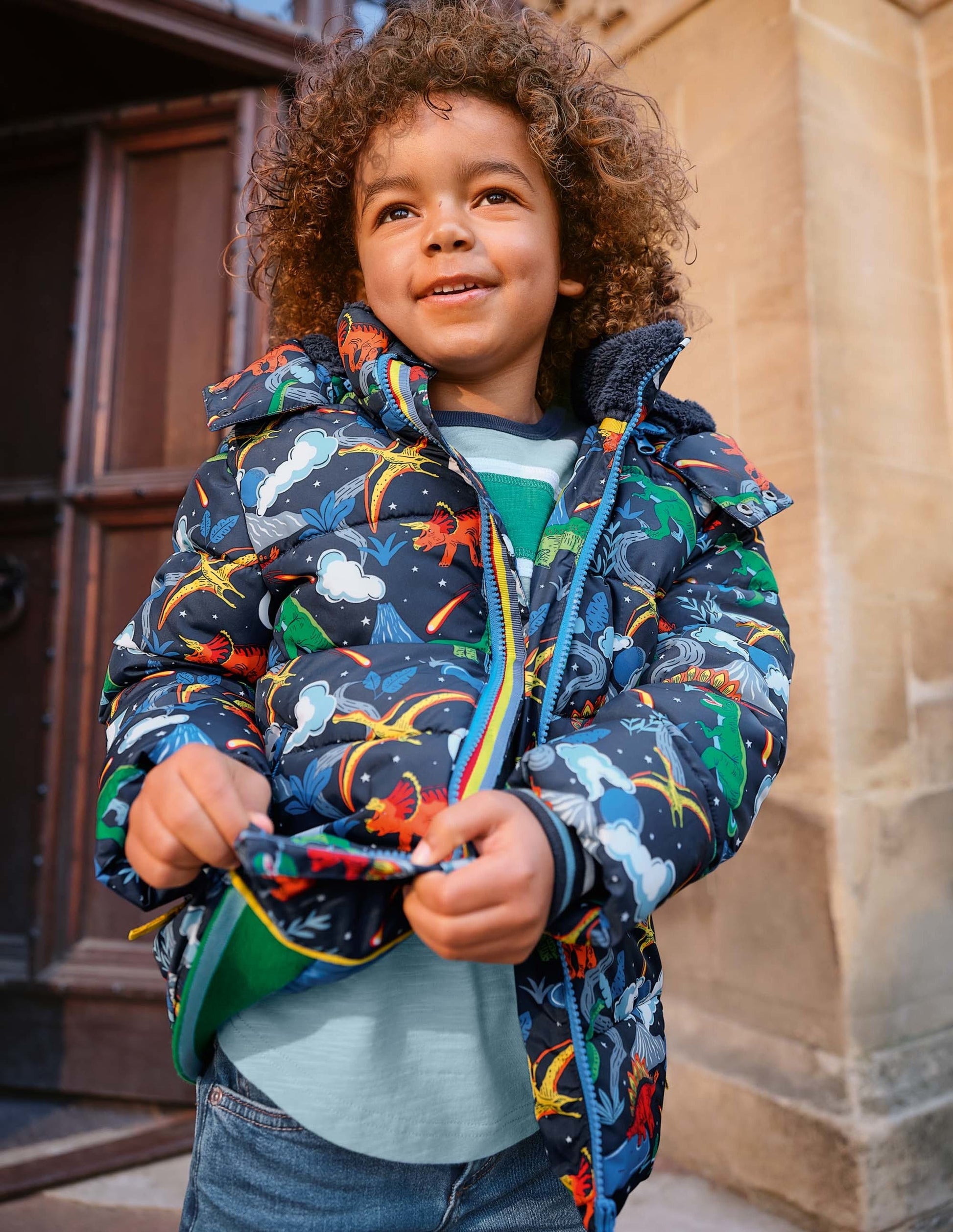 Shower-Resistant Padded Jacket-Soot Grey Dinosaurs-4
