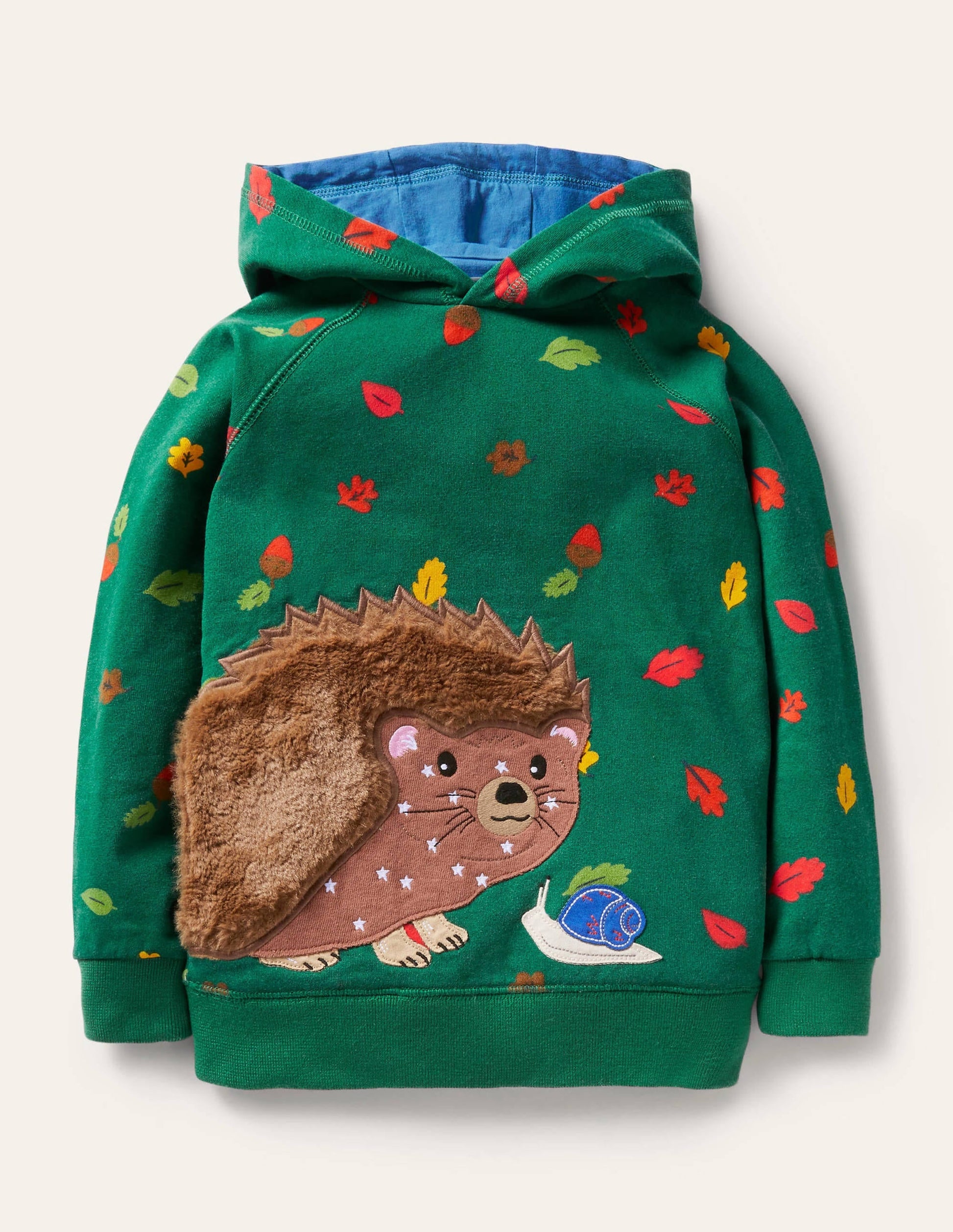 Patchwork Appliqué Hoodie-Forest Green Hedgehog-1