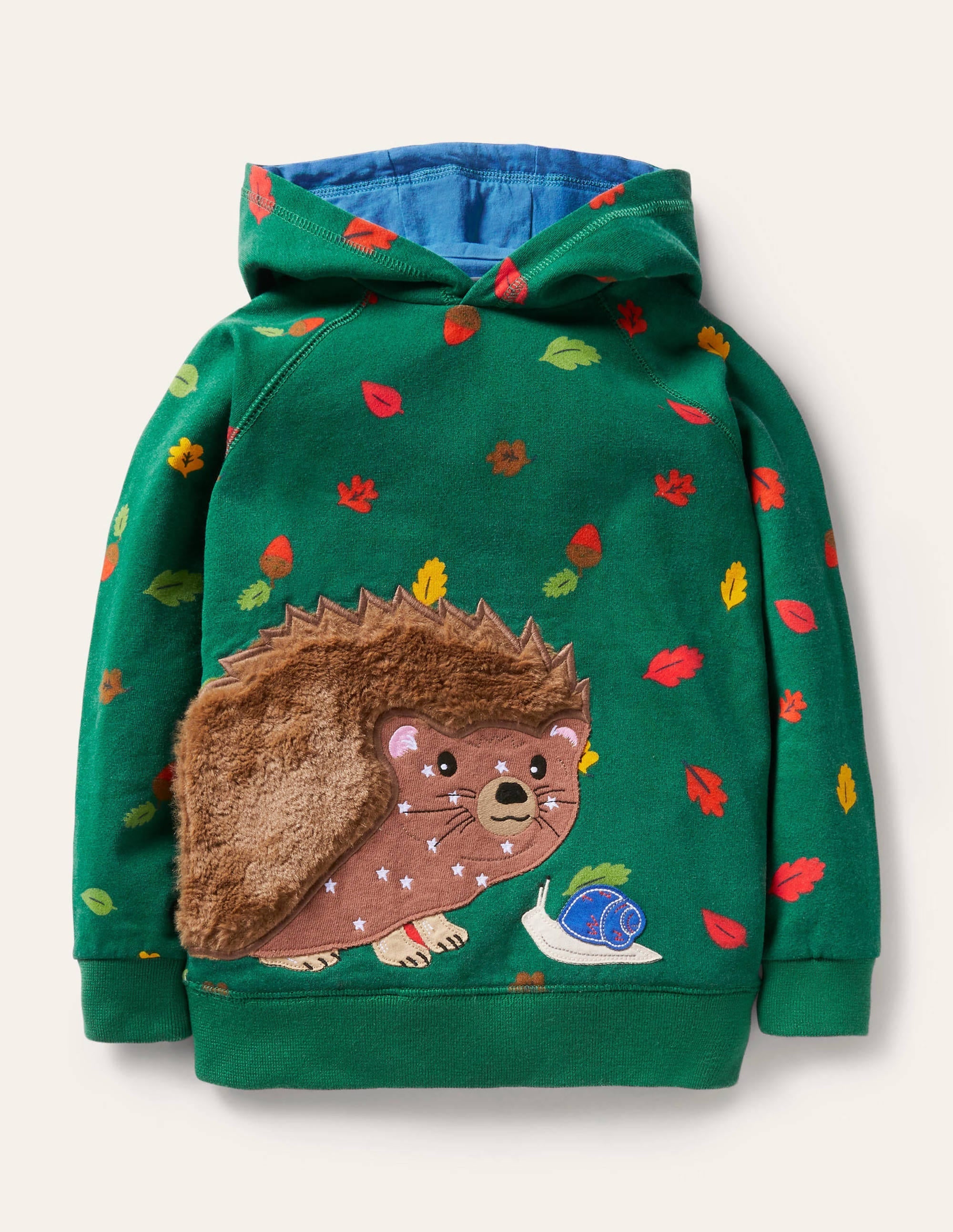 Patchwork Appliqué Hoodie-Forest Green Hedgehog - Image 1