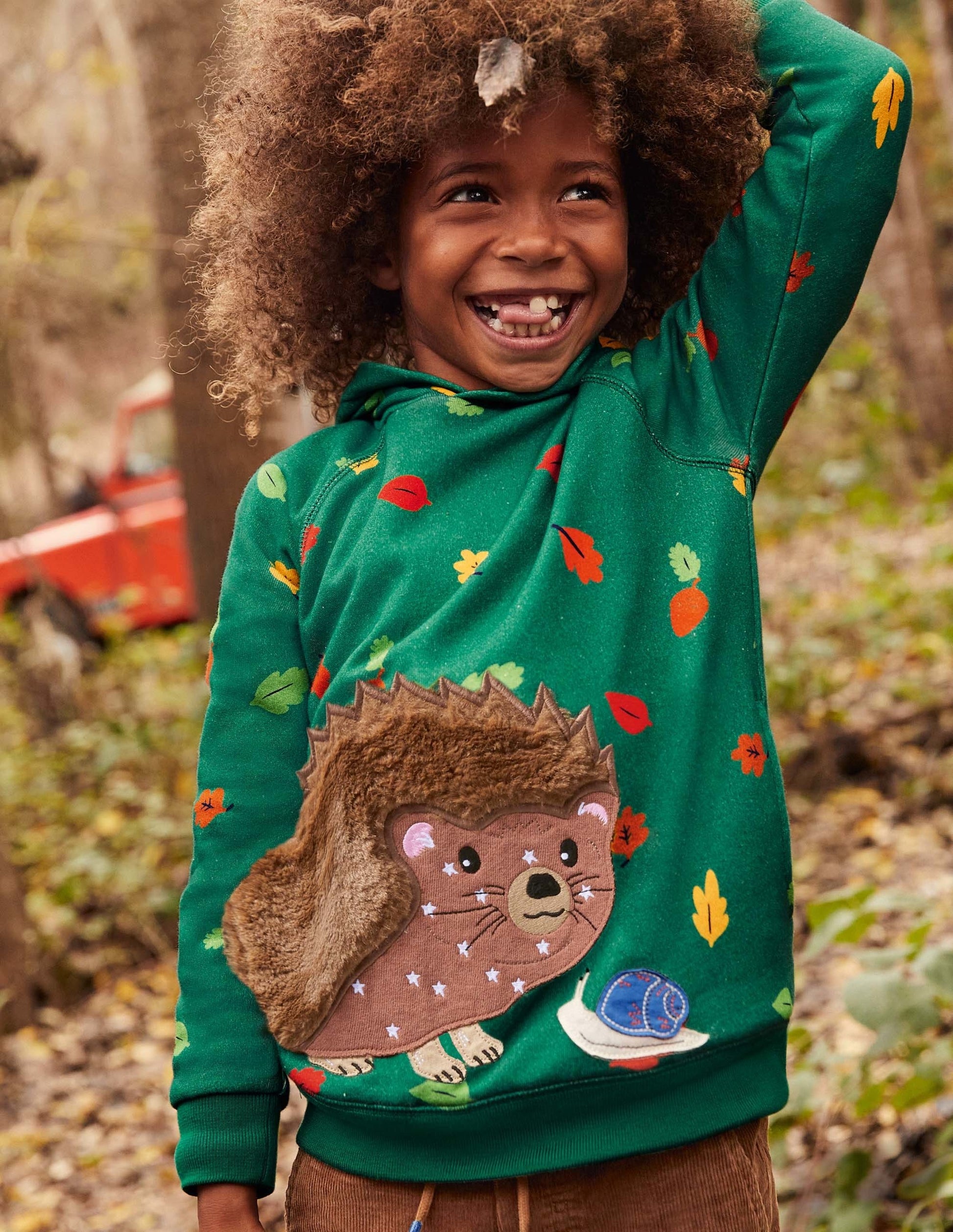 Patchwork Appliqué Hoodie-Forest Green Hedgehog-4
