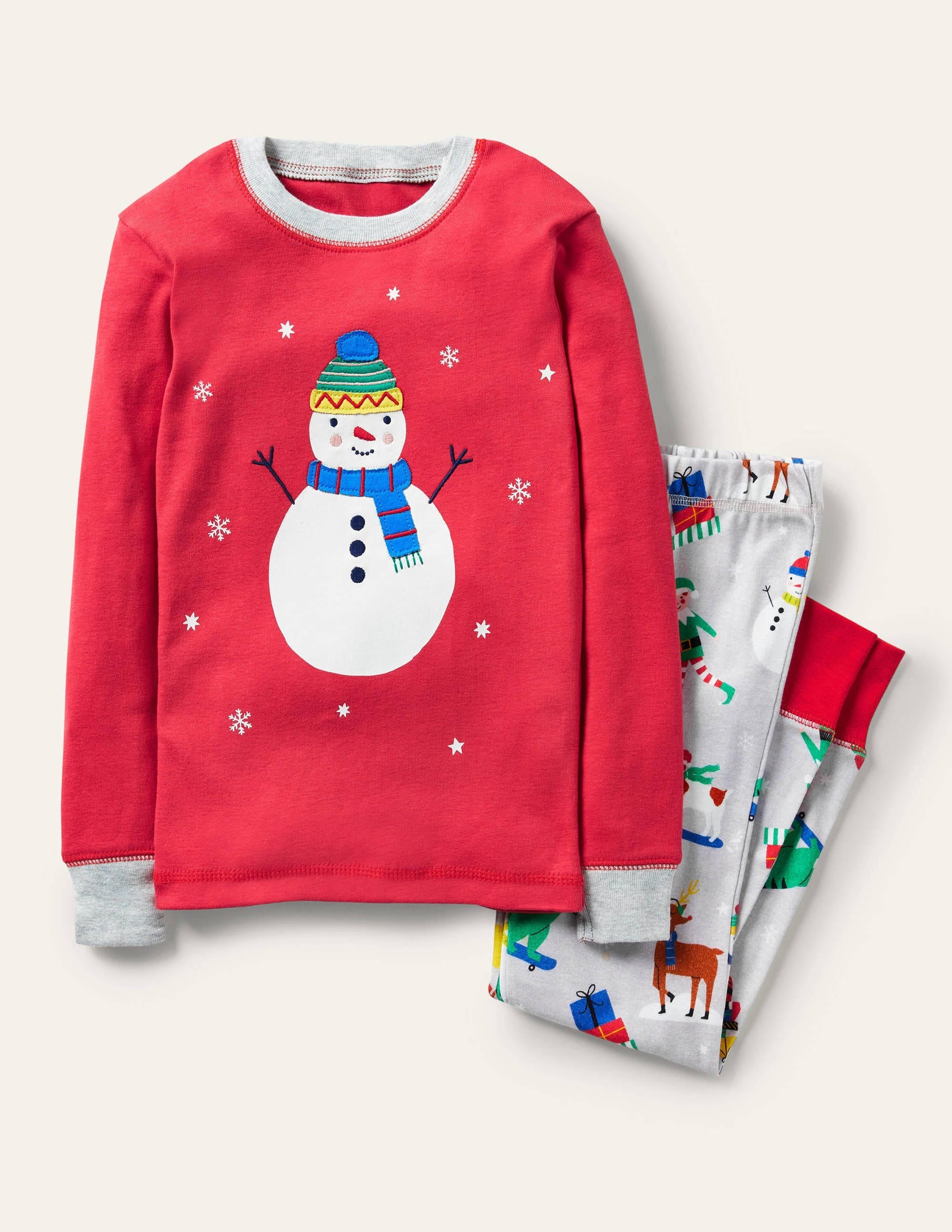 Snug Appliqué Long Pyjamas-Rockabilly Red/Grey Snowman - Image 1