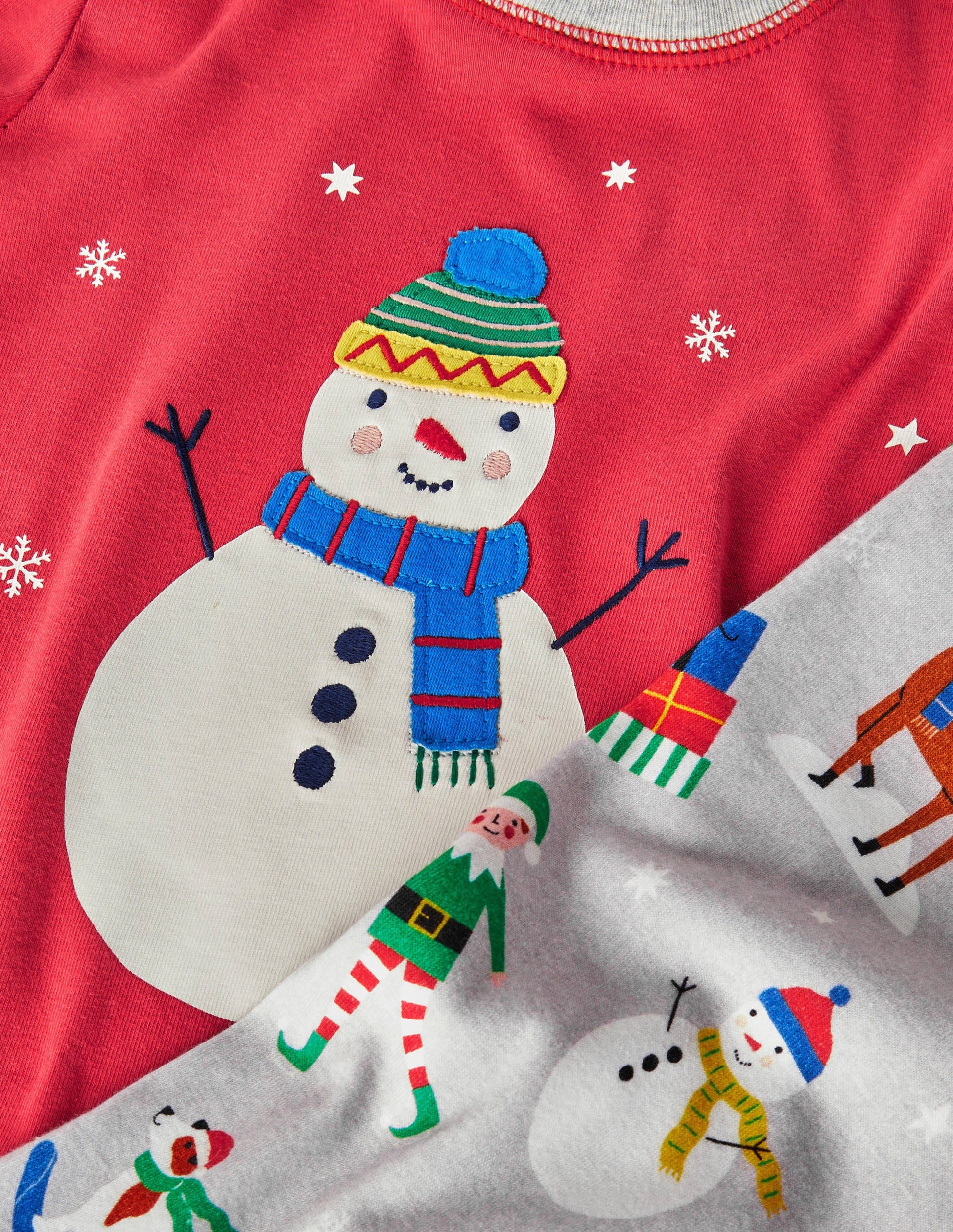 Snug Appliqué Long Pyjamas-Rockabilly Red/Grey Snowman-3