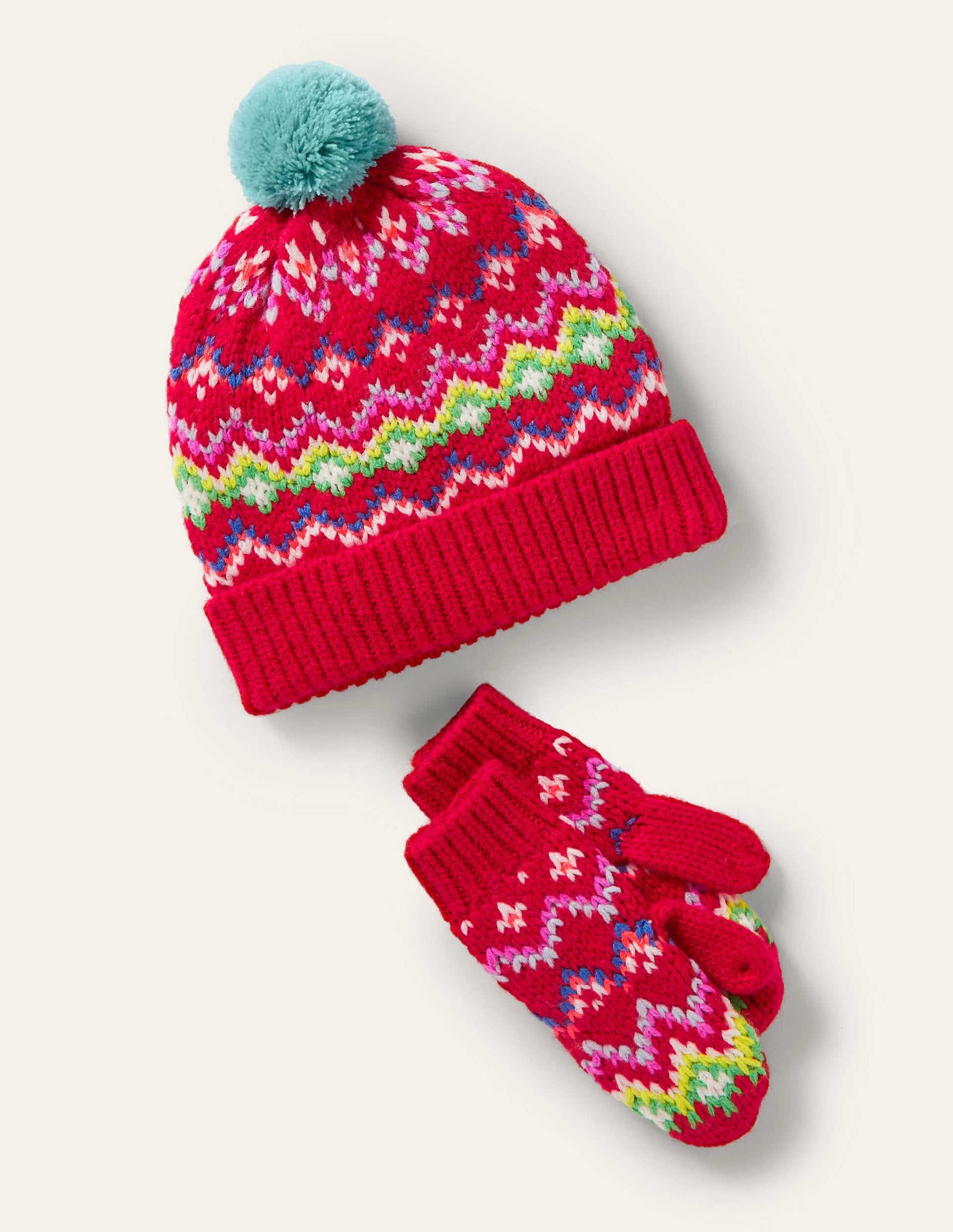 Fair Isle Hat and Mittens Set-Rockabilly Red-1