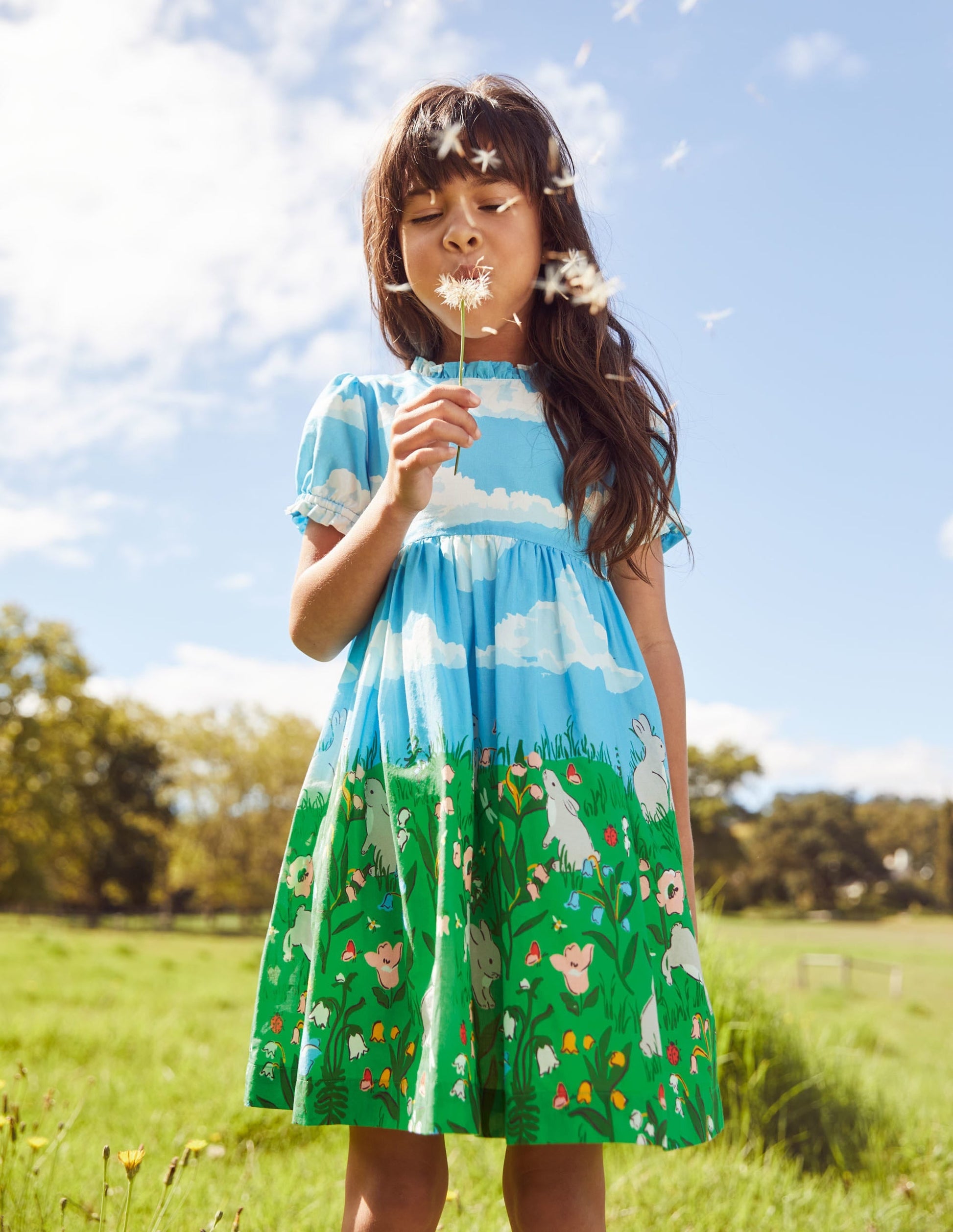 Frill Neck Woven Dress-Multi Bunny Scene-4