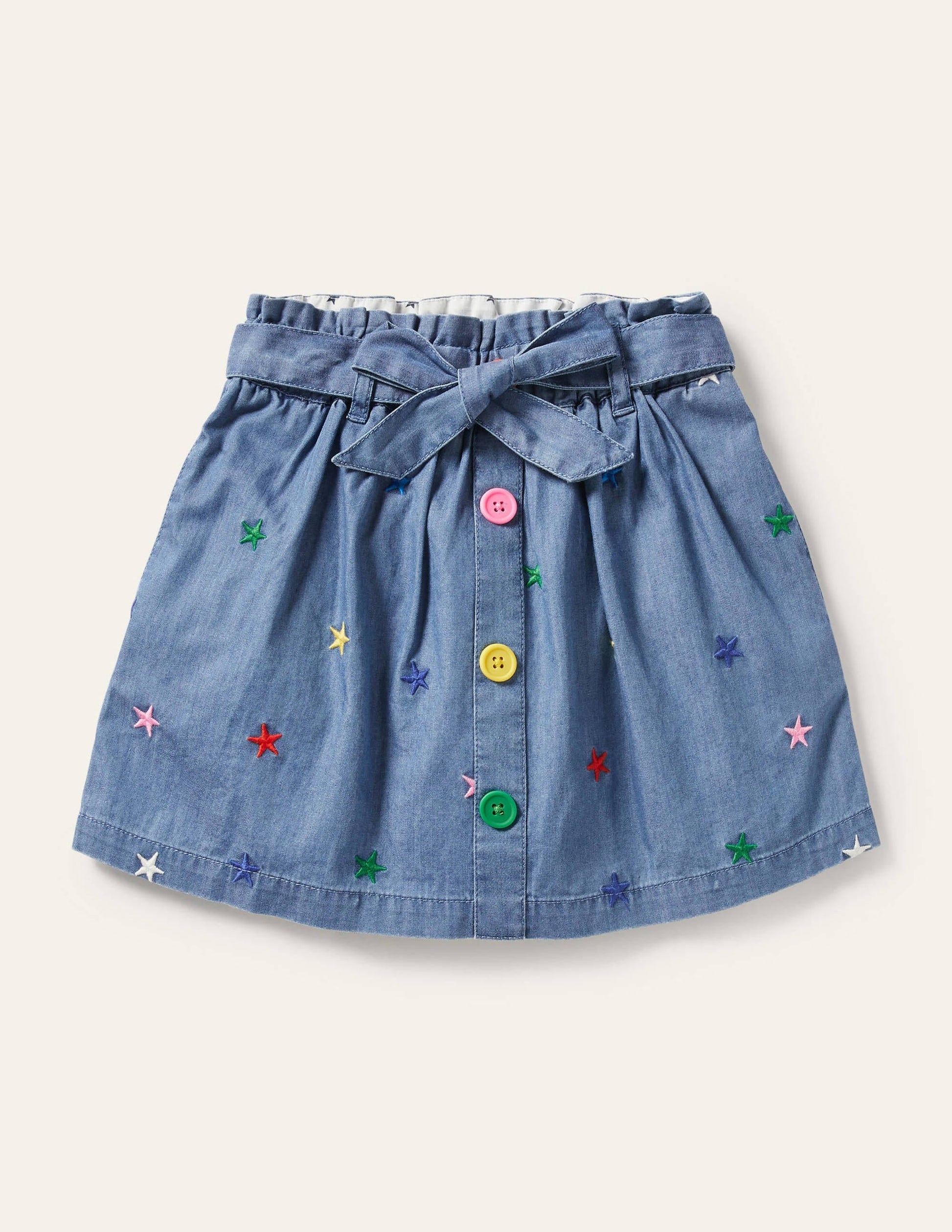 Tie Waist Embroidered Skirt-Mid Vintage Denim Star-1