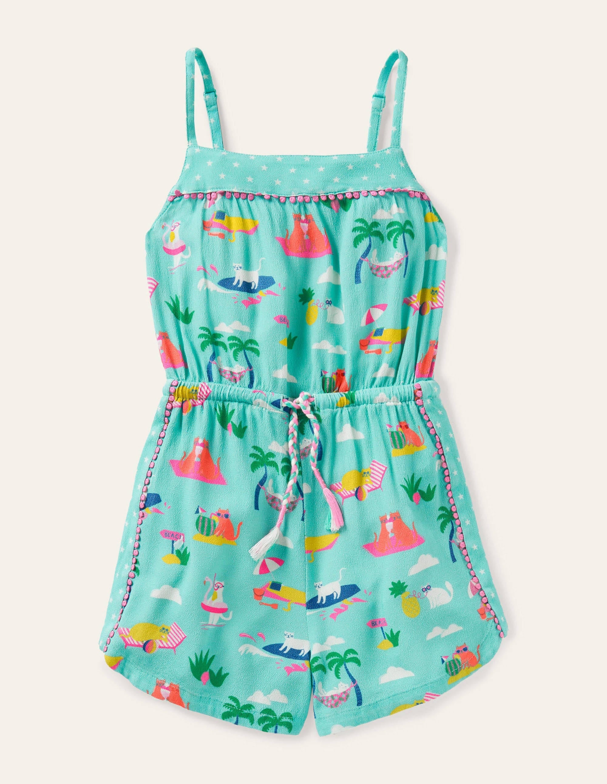 Woven Holiday Playsuit-Pool Blue Holiday Cats - Image 1