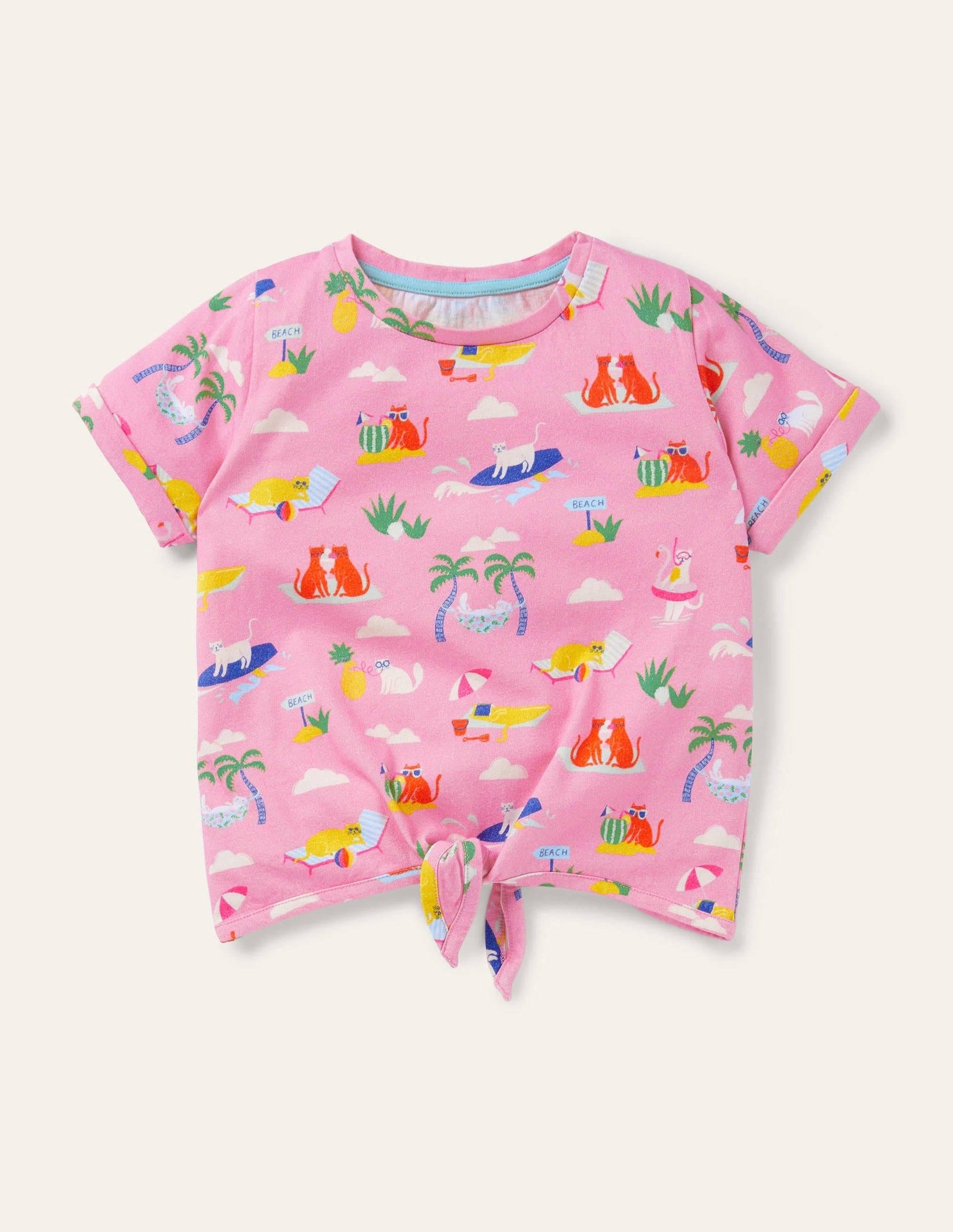 Tie-front T-shirt-Plum Blossom Pink Holiday Cats-1