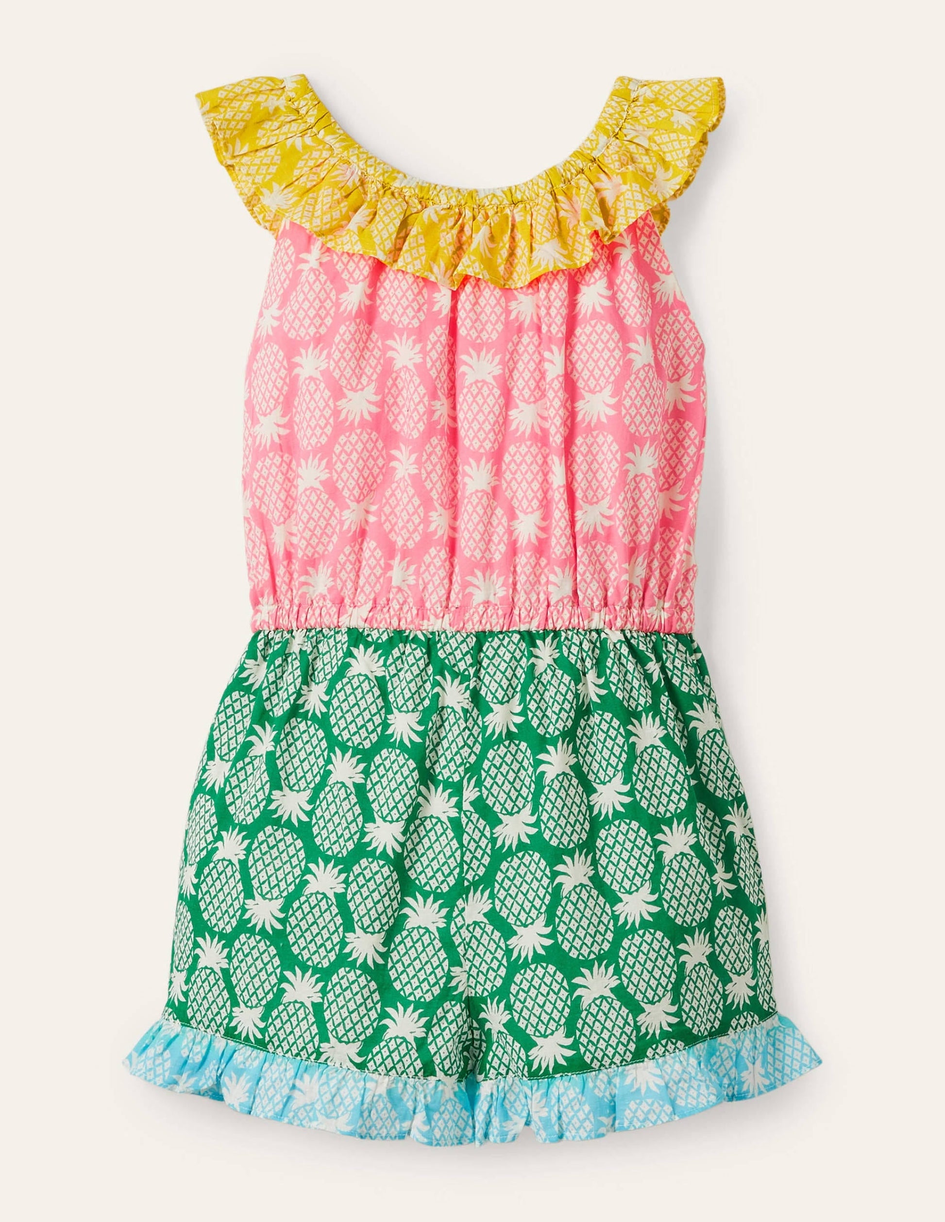 Frill Neck Playsuit-Multi Hotchpotch Pineapple Geo-2