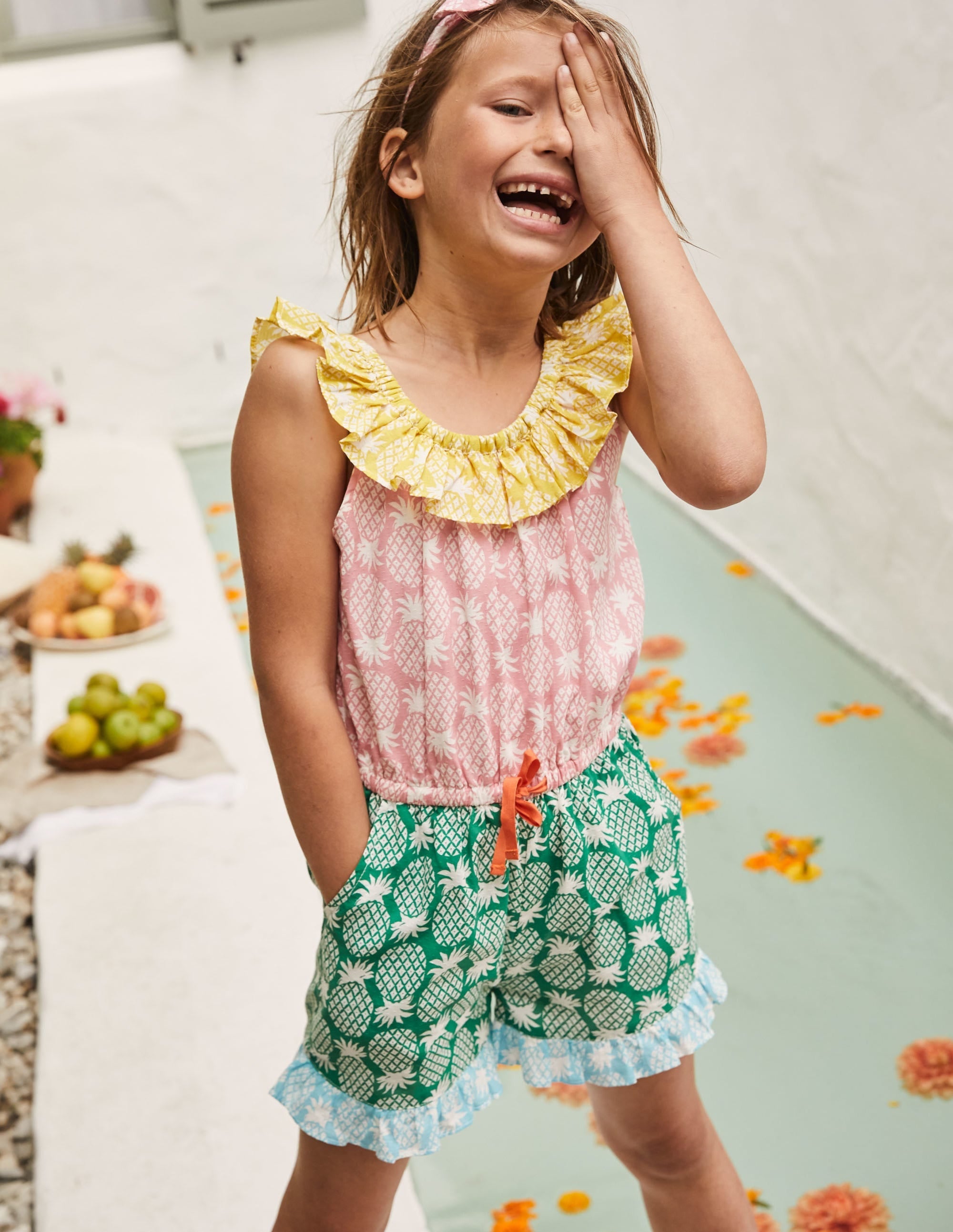 Frill Neck Playsuit-Multi Hotchpotch Pineapple Geo - Image 4