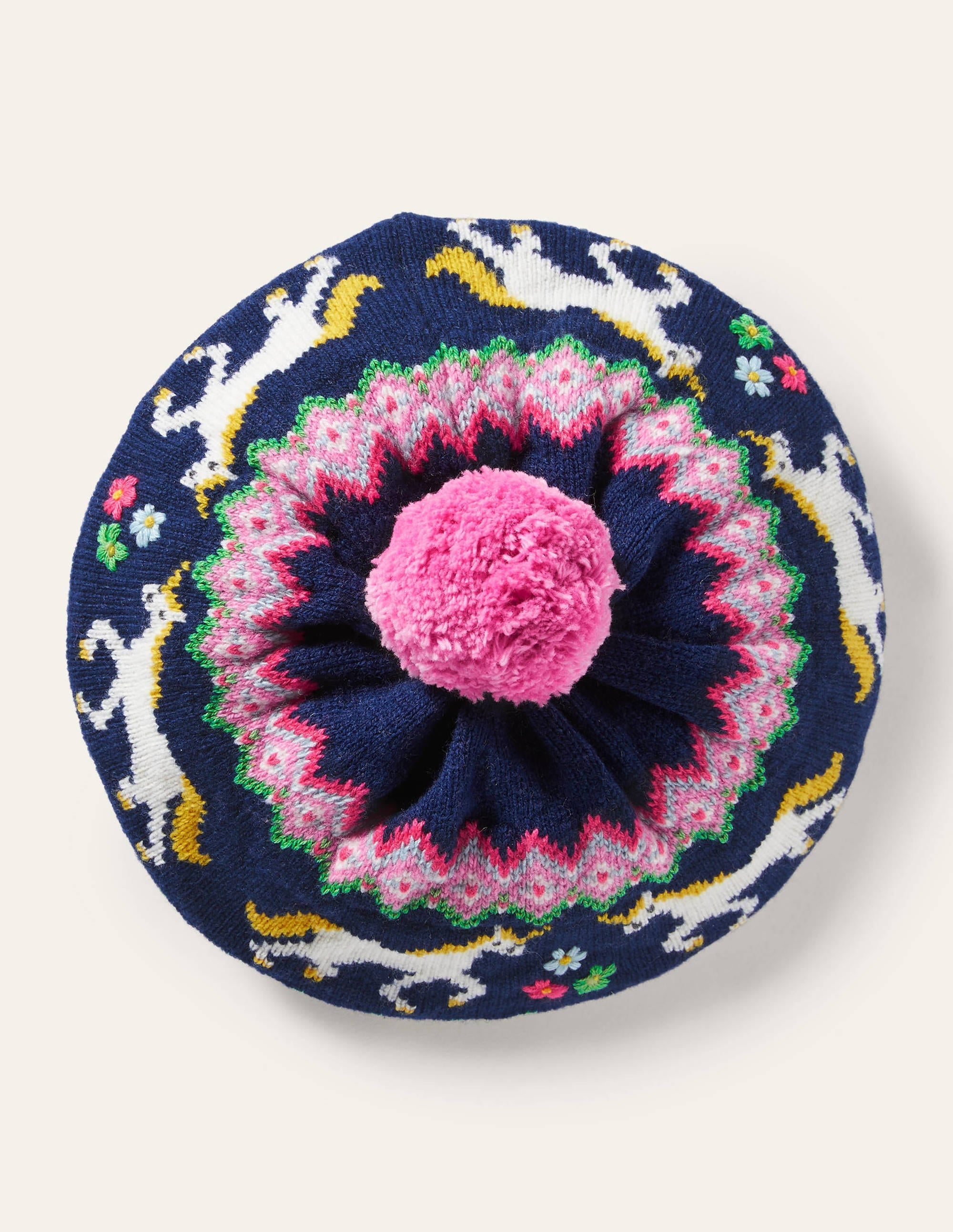 Knitted Fair Isle Beret-College Navy Unicorns - Image 1