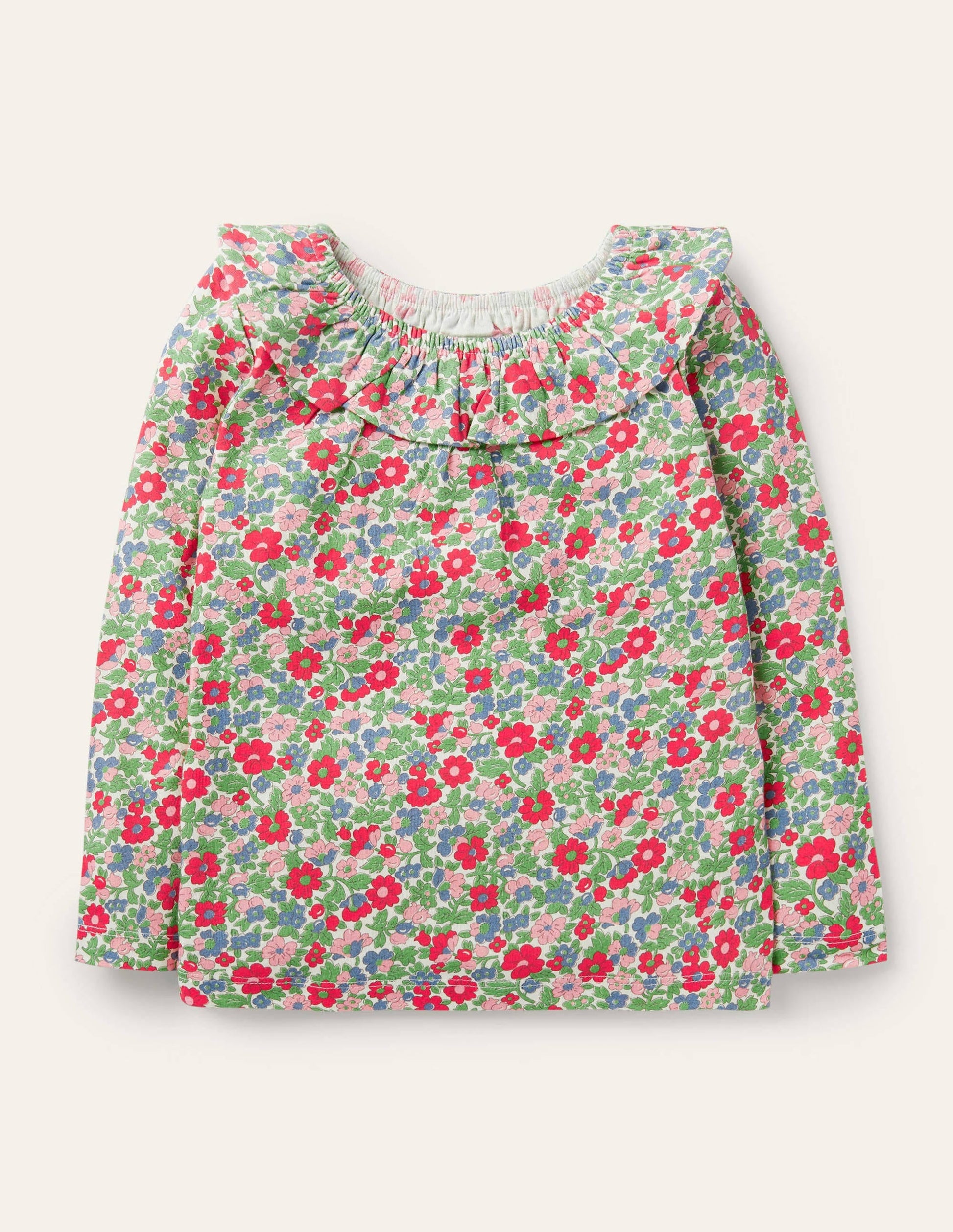Ruffle Neck Jersey Top-Multi Vintage Bloom Floral-1