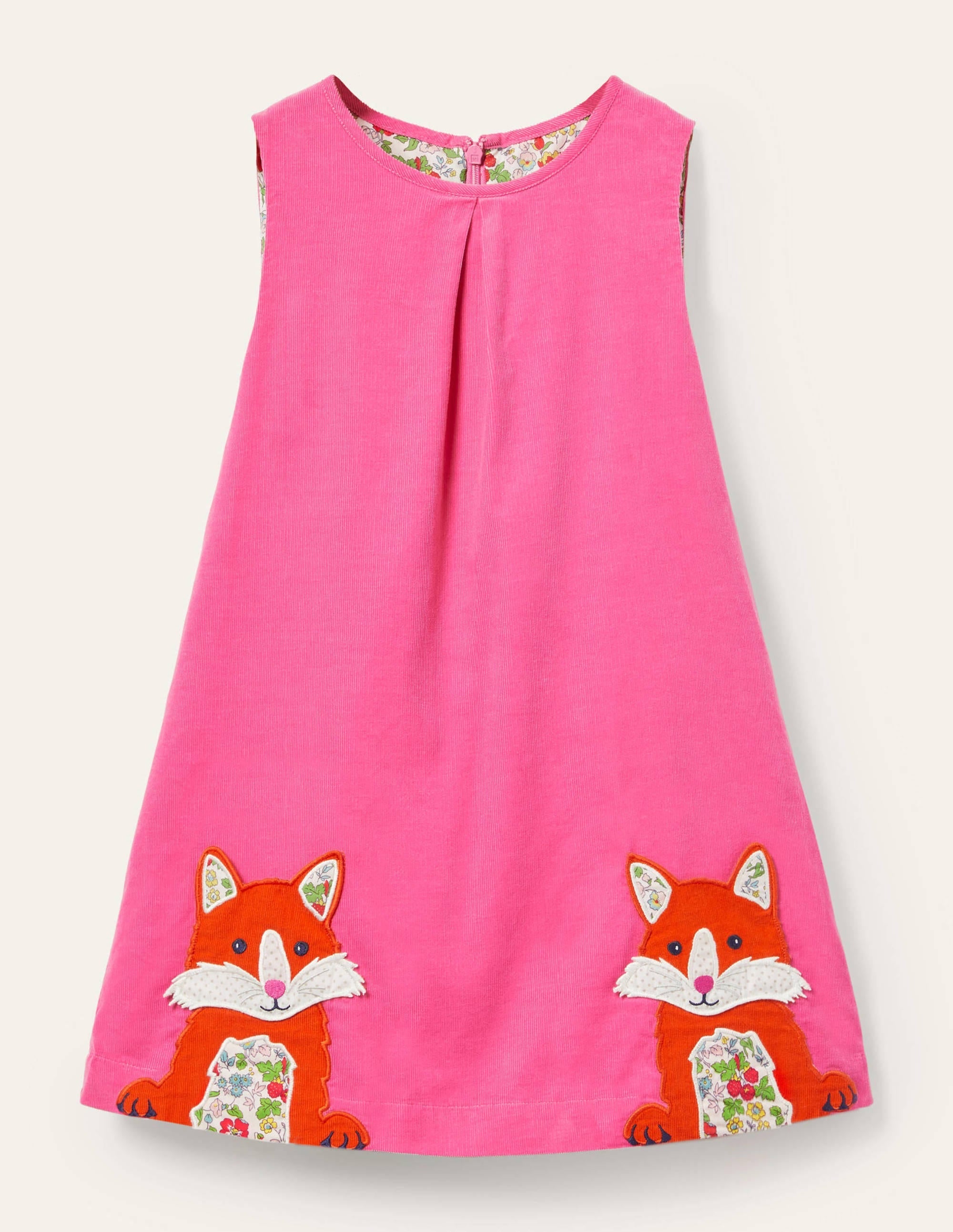 Cord Appliqué Pinafore Dress-Bright Petal Pink Foxes - Image 1
