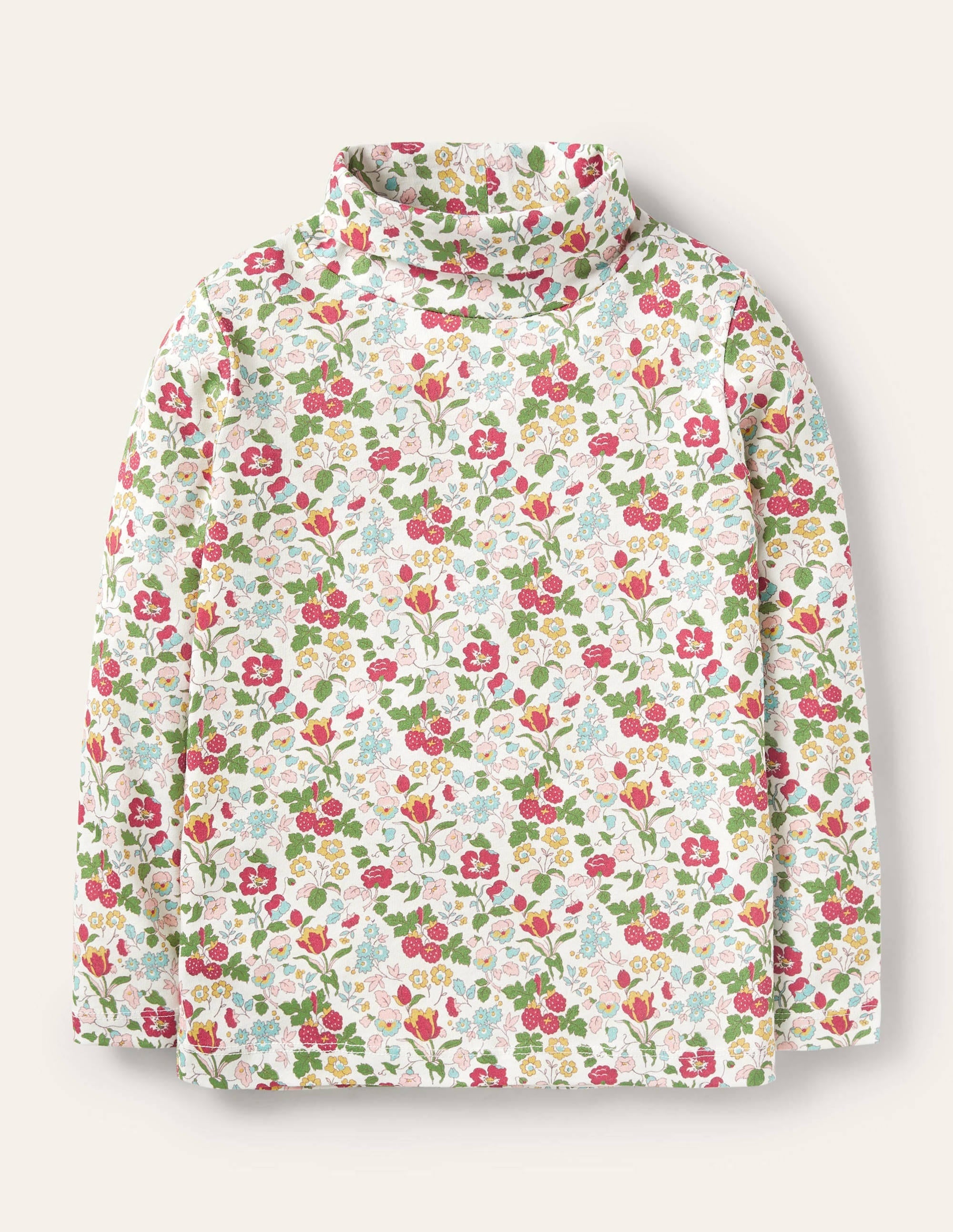 Roll Neck Supersoft T-shirt-Ivory Autumn Berry Floral - Image 1