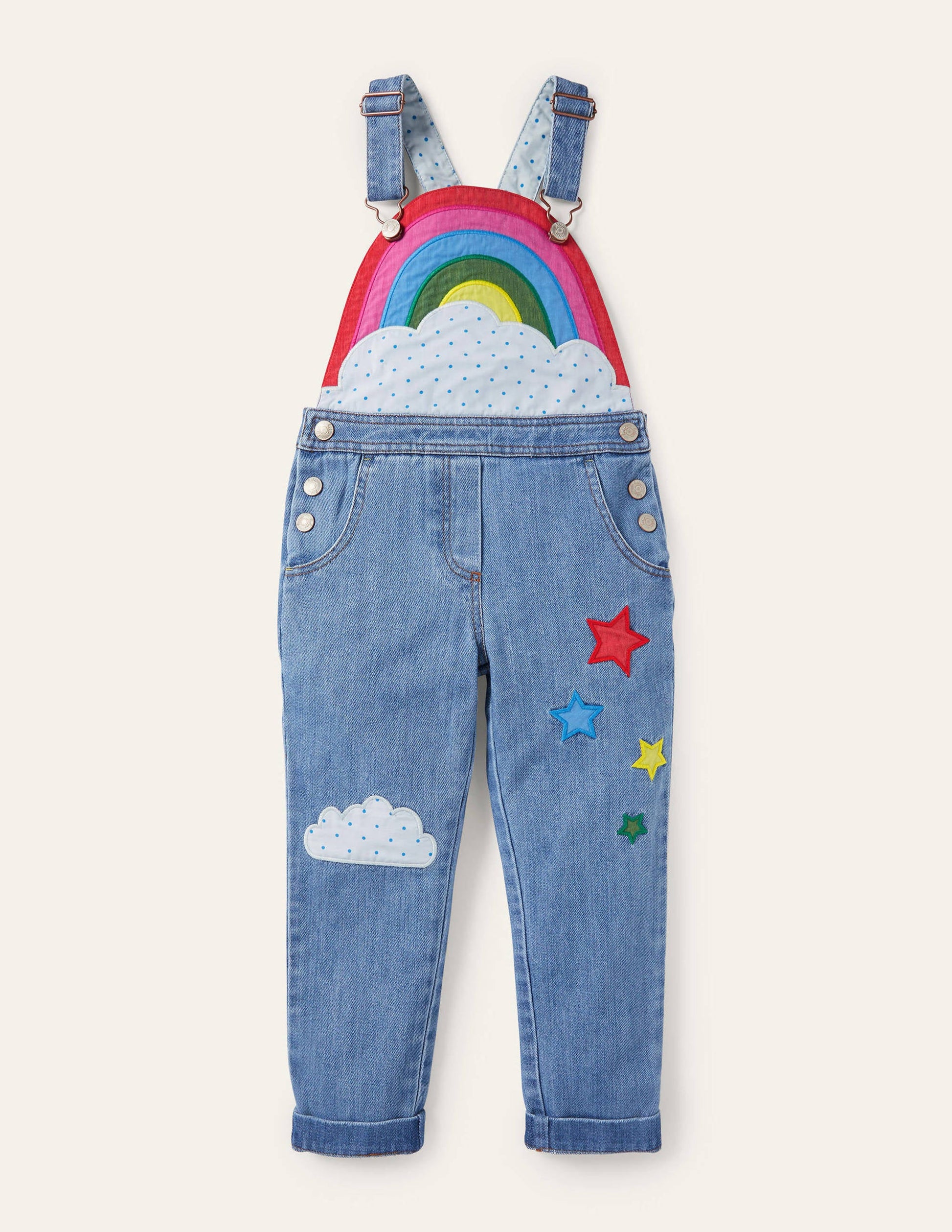 Rainbow Appliqué Dungarees-Mid Vintage Denim-1