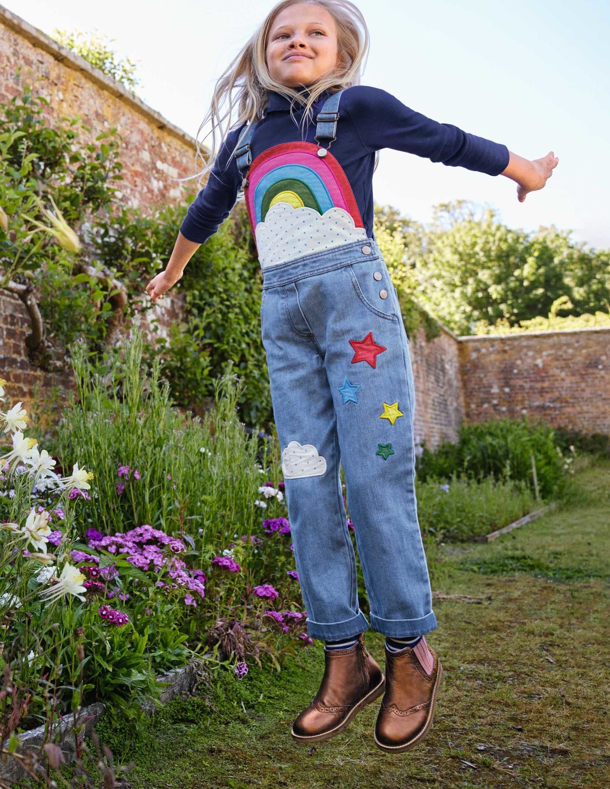 Rainbow Appliqué Dungarees-Mid Vintage Denim - Image 4