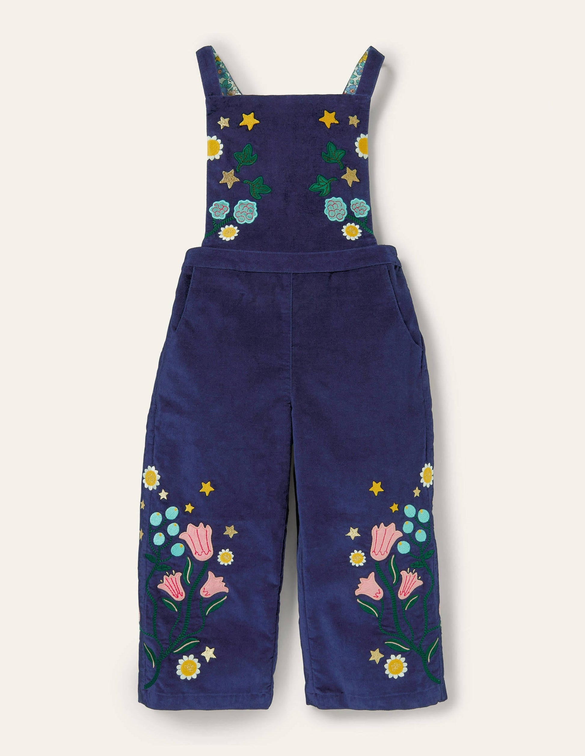 Embroidered Velvet Dungarees-College Navy-1