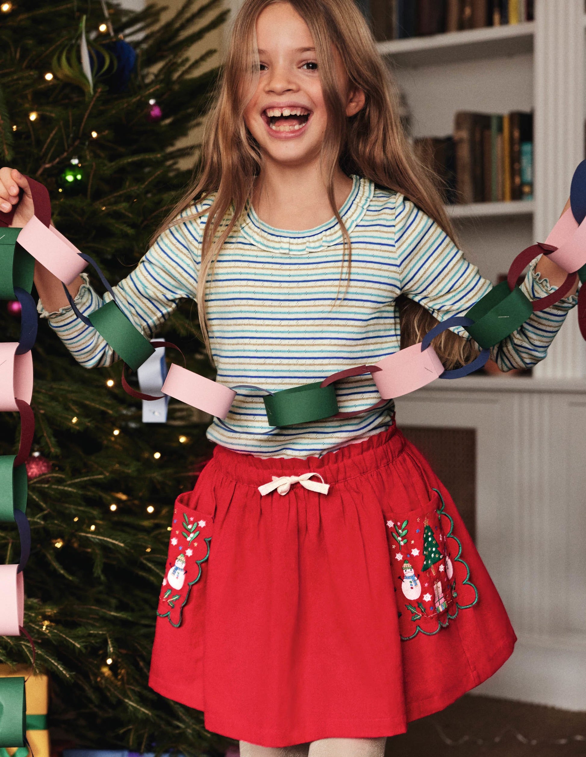 Embroidered Pocket Skirt-Rockabilly Red Festive-4