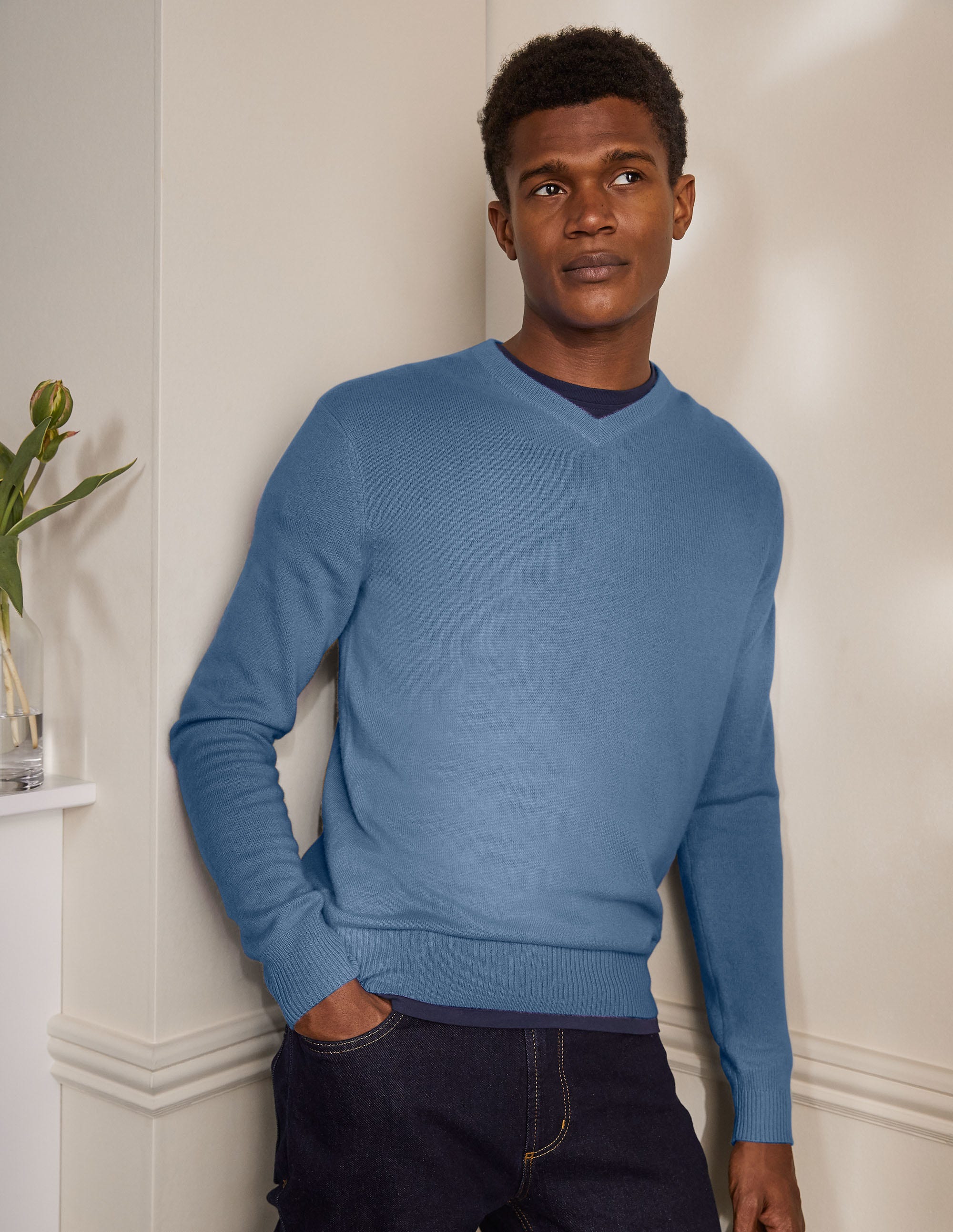 Cashmere V-neck Jumper-Dusk Blue - Image 1