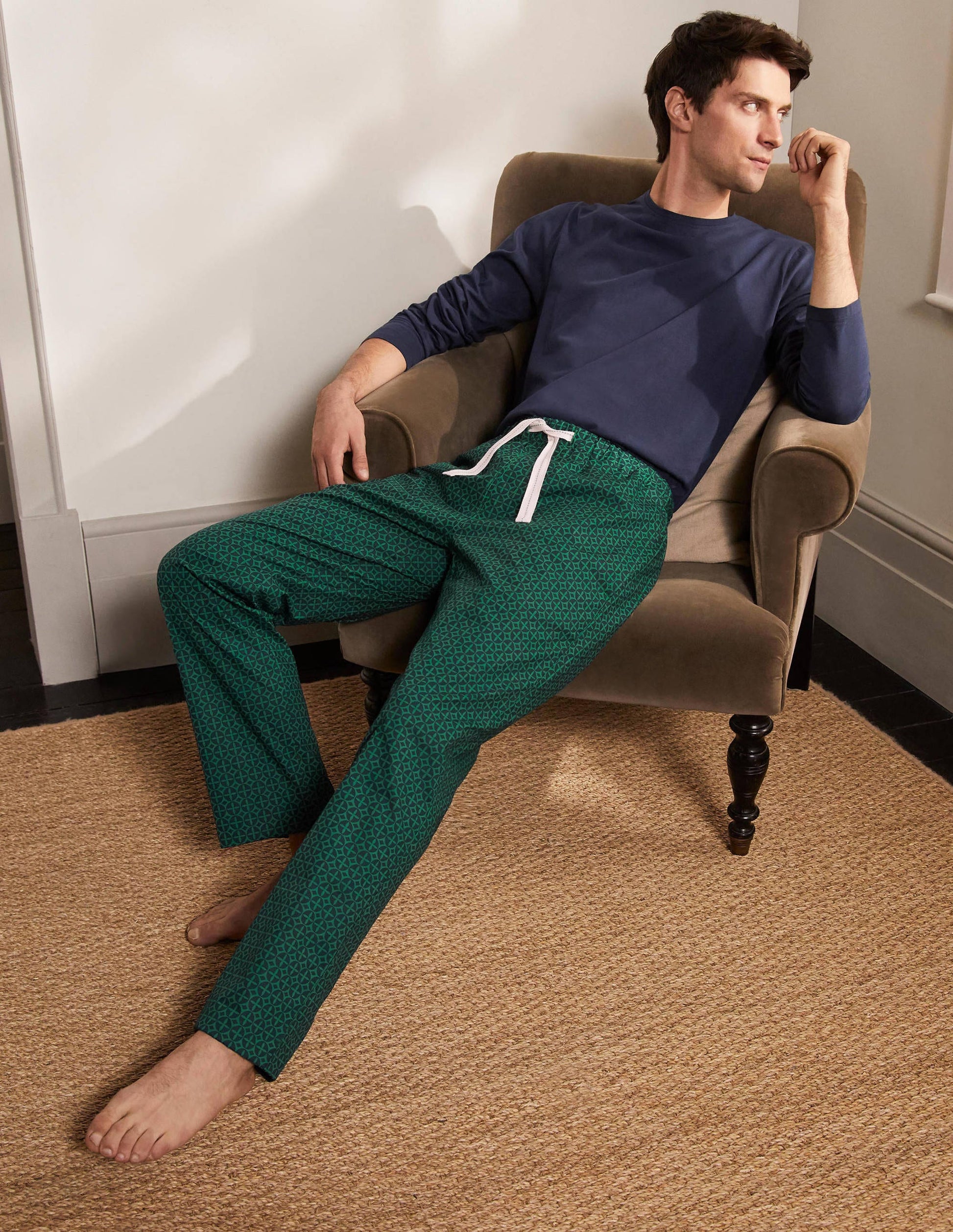 Cotton Poplin Pyjama Bottoms-Mountain Meadow/Navy Geo-1