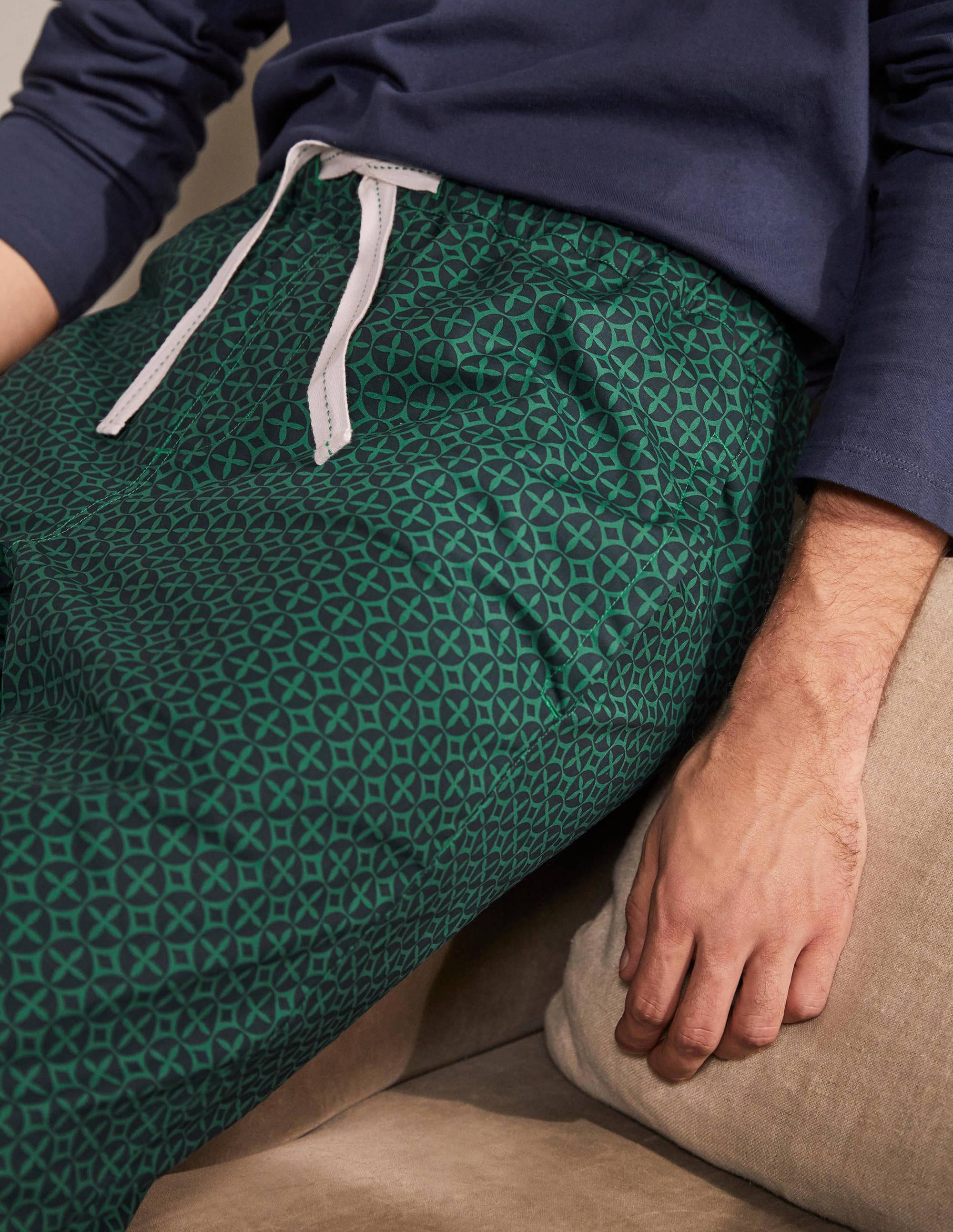 Cotton Poplin Pyjama Bottoms-Mountain Meadow/Navy Geo - Image 2