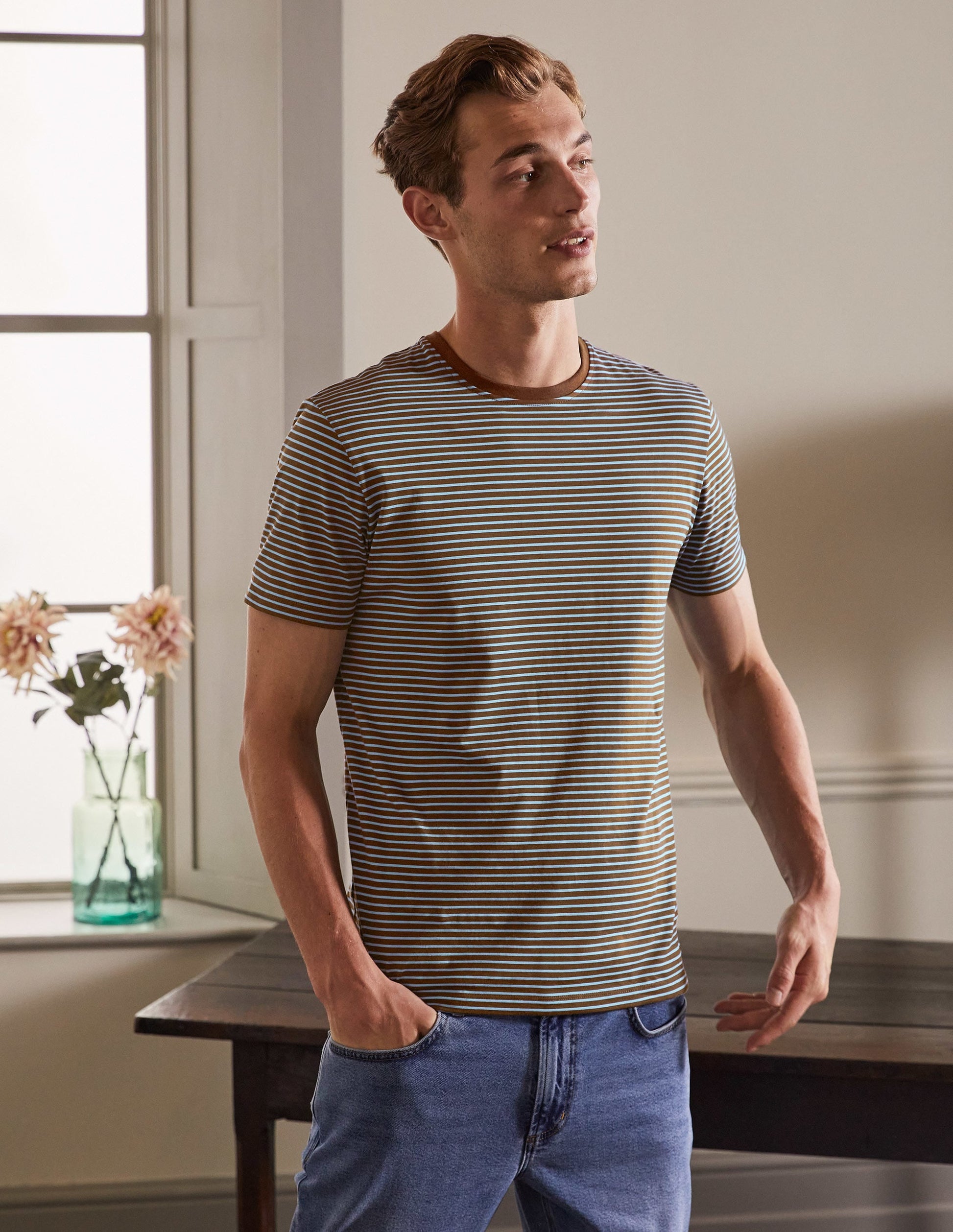 Classic Cotton T-shirt-Cacao/ Lichen Blue Stripe-1