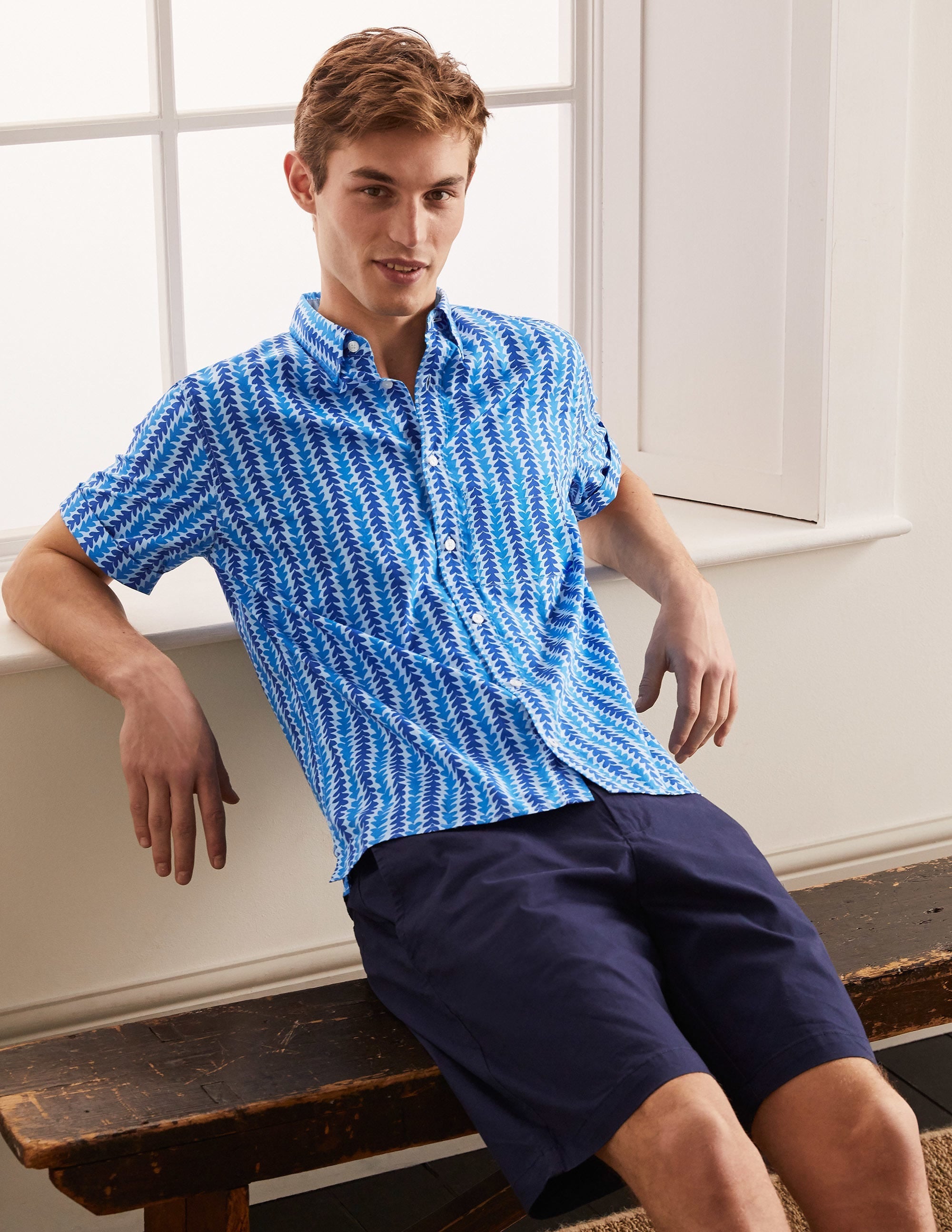 Printed Short Sleeve Shirt-Regal Blue Tropical Stripe - Image 1