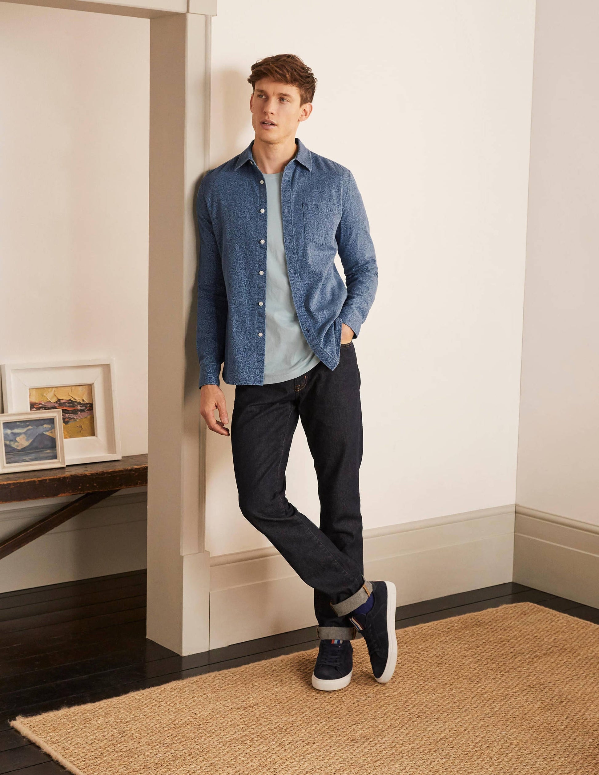 Slim Fit Printed Denim Shirt-Chambray Leafy Sprig-2