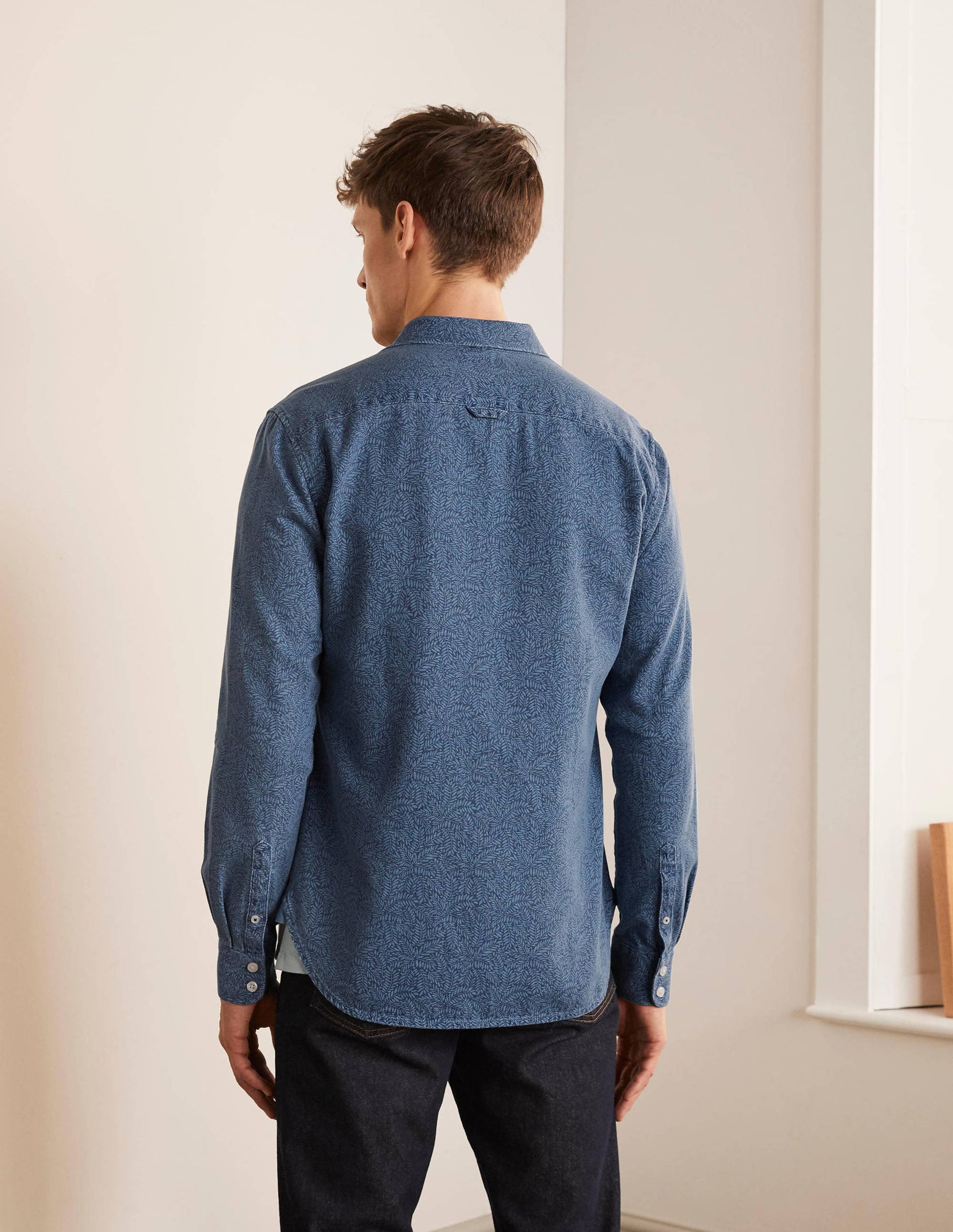 Slim Fit Printed Denim Shirt-Chambray Leafy Sprig-3