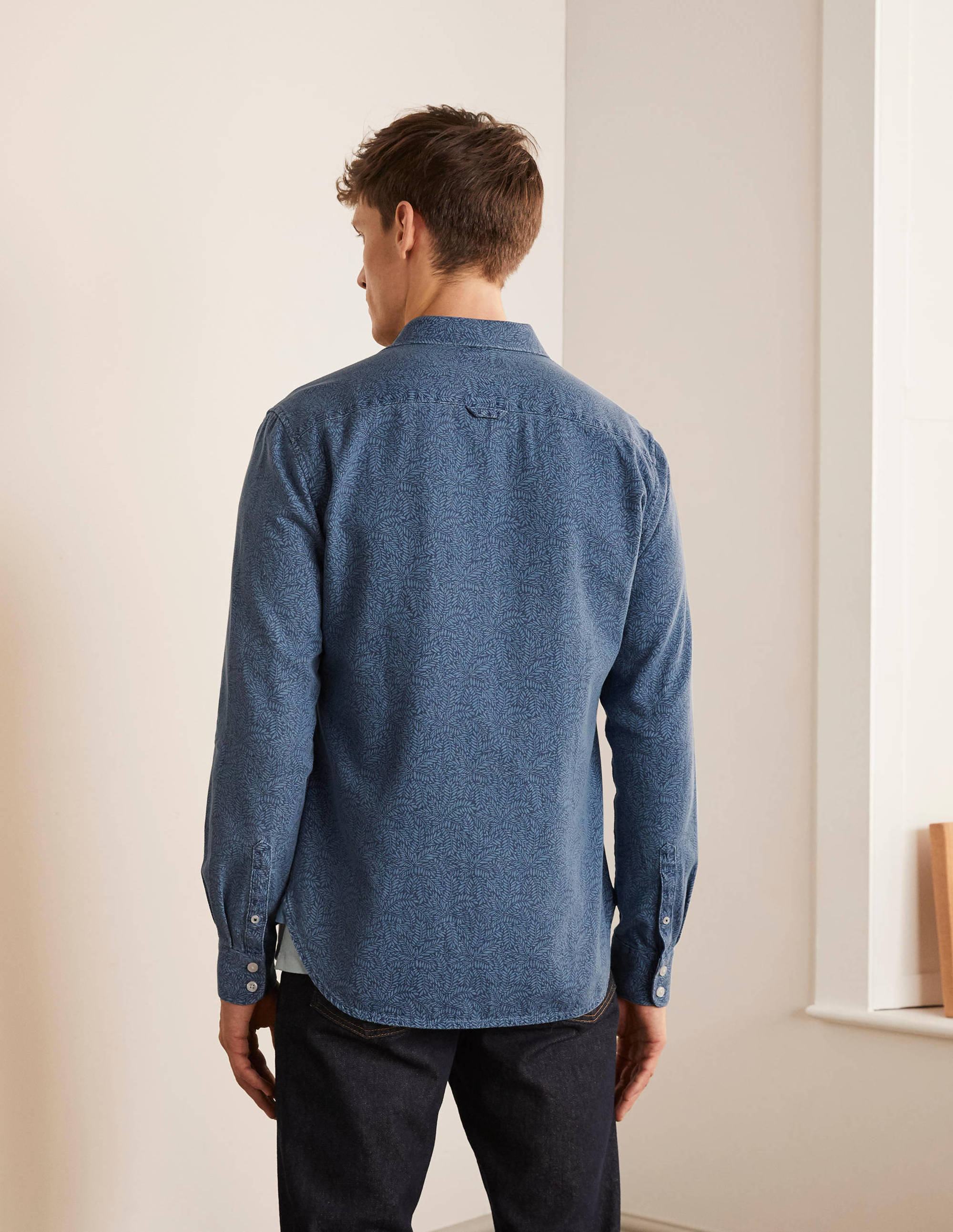 Slim Fit Printed Denim Shirt-Chambray Leafy Sprig - Image 3