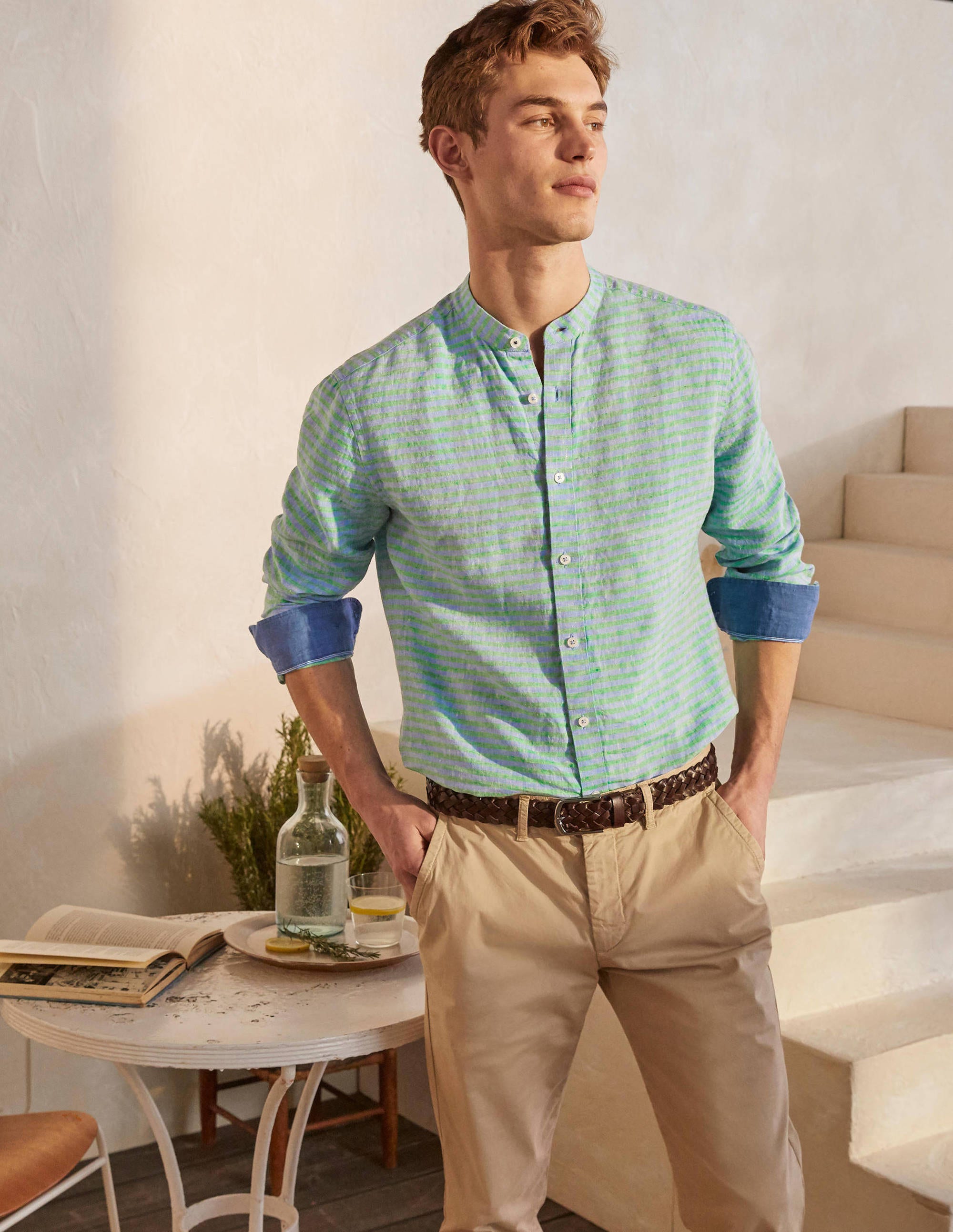 Linen Grandad Shirt-Rich Emerald/Coastal Stripe - Image 2
