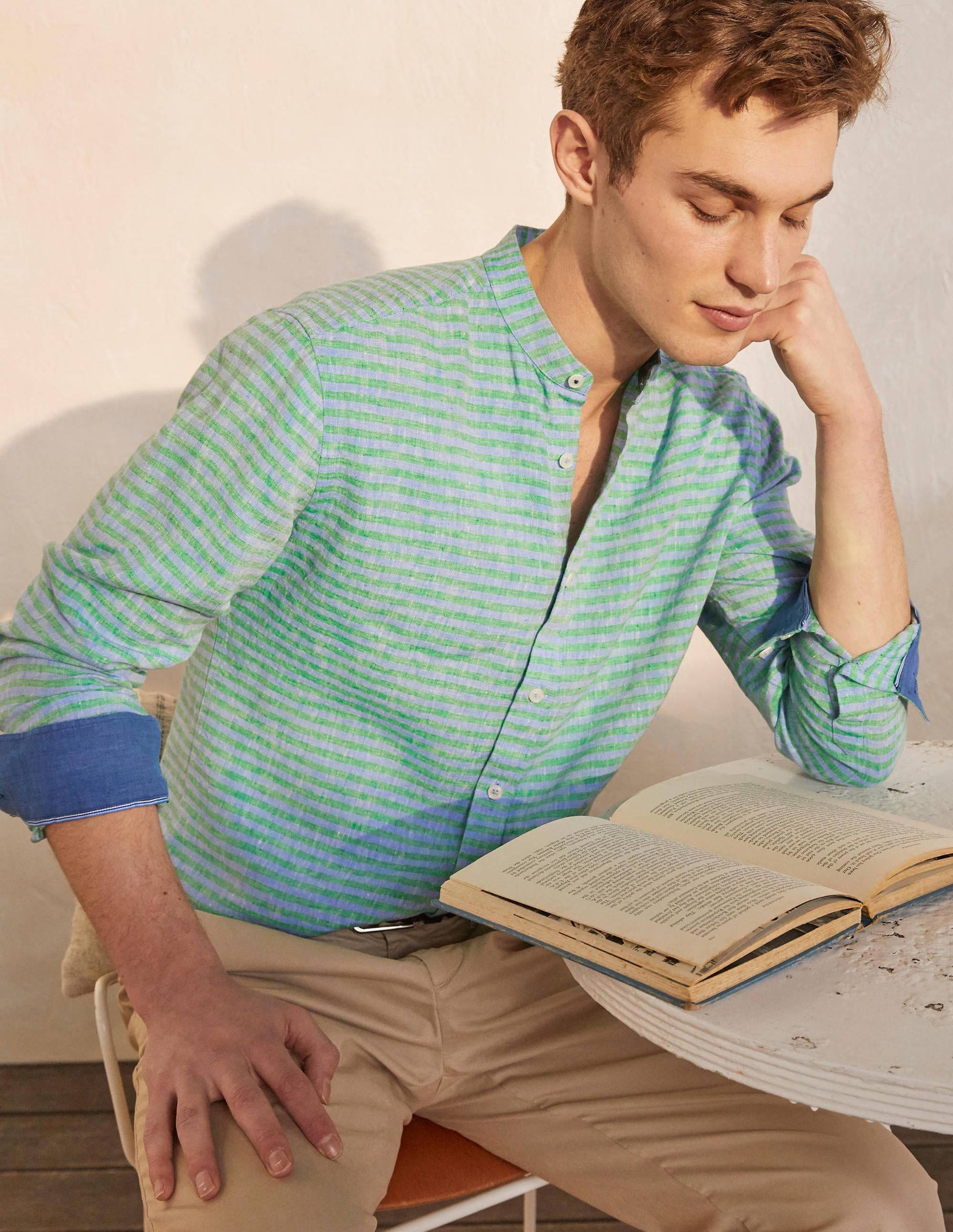 Linen Grandad Shirt-Rich Emerald/Coastal Stripe-3