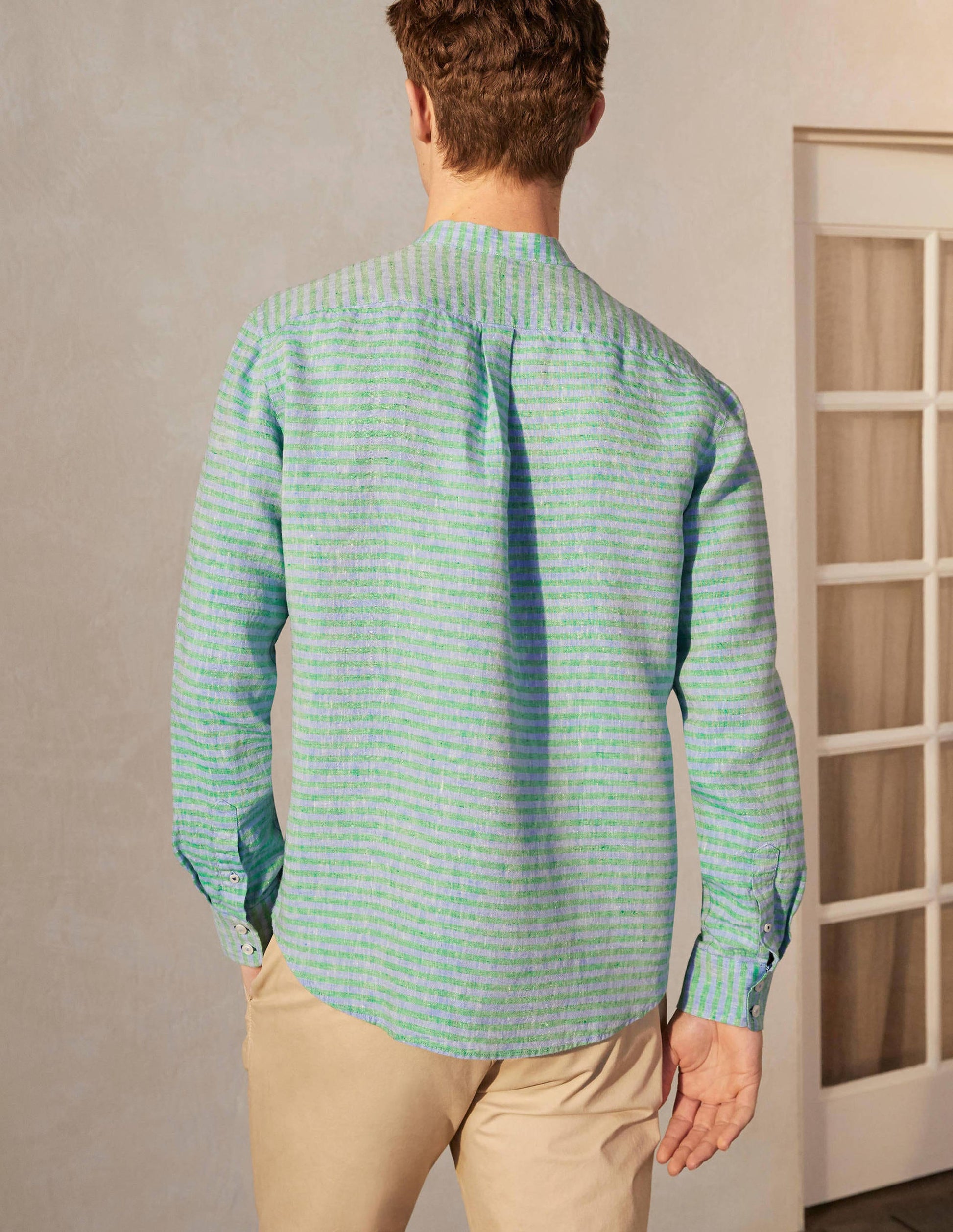 Linen Grandad Shirt-Rich Emerald/Coastal Stripe-4