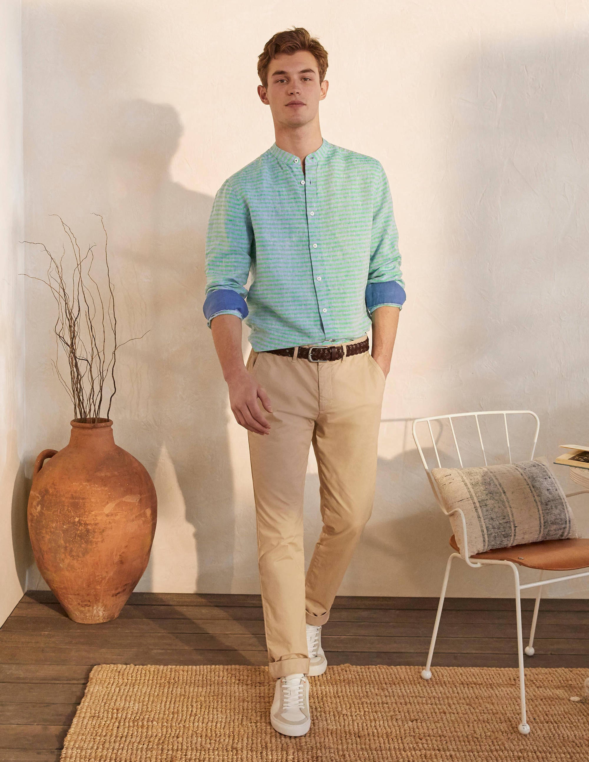 Linen Grandad Shirt-Rich Emerald/Coastal Stripe - Image 5