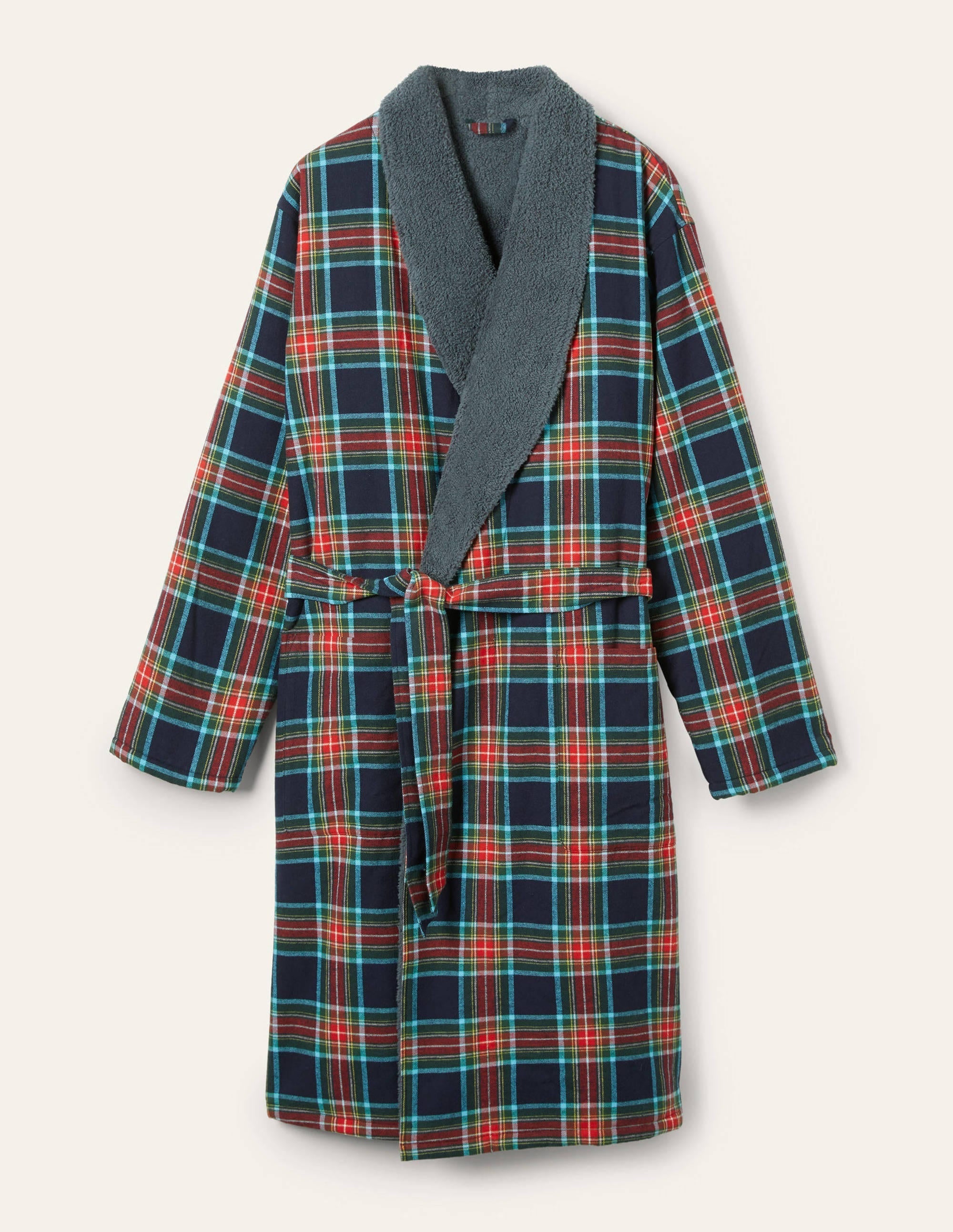 Brushed Cotton Dressing Gown-Navy and Rockabilly Red Check - Image 5