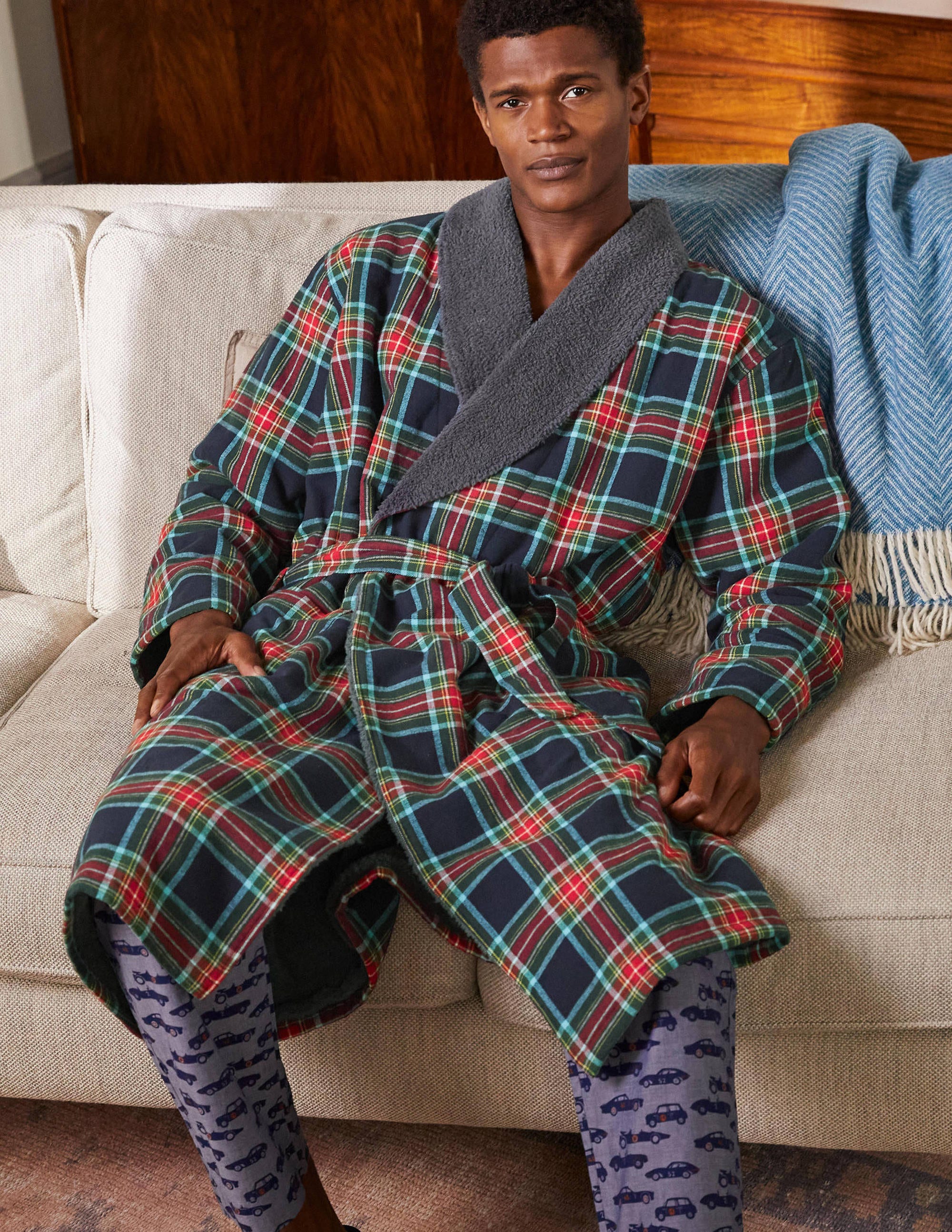 Brushed Cotton Dressing Gown-Navy and Rockabilly Red Check - Image 1