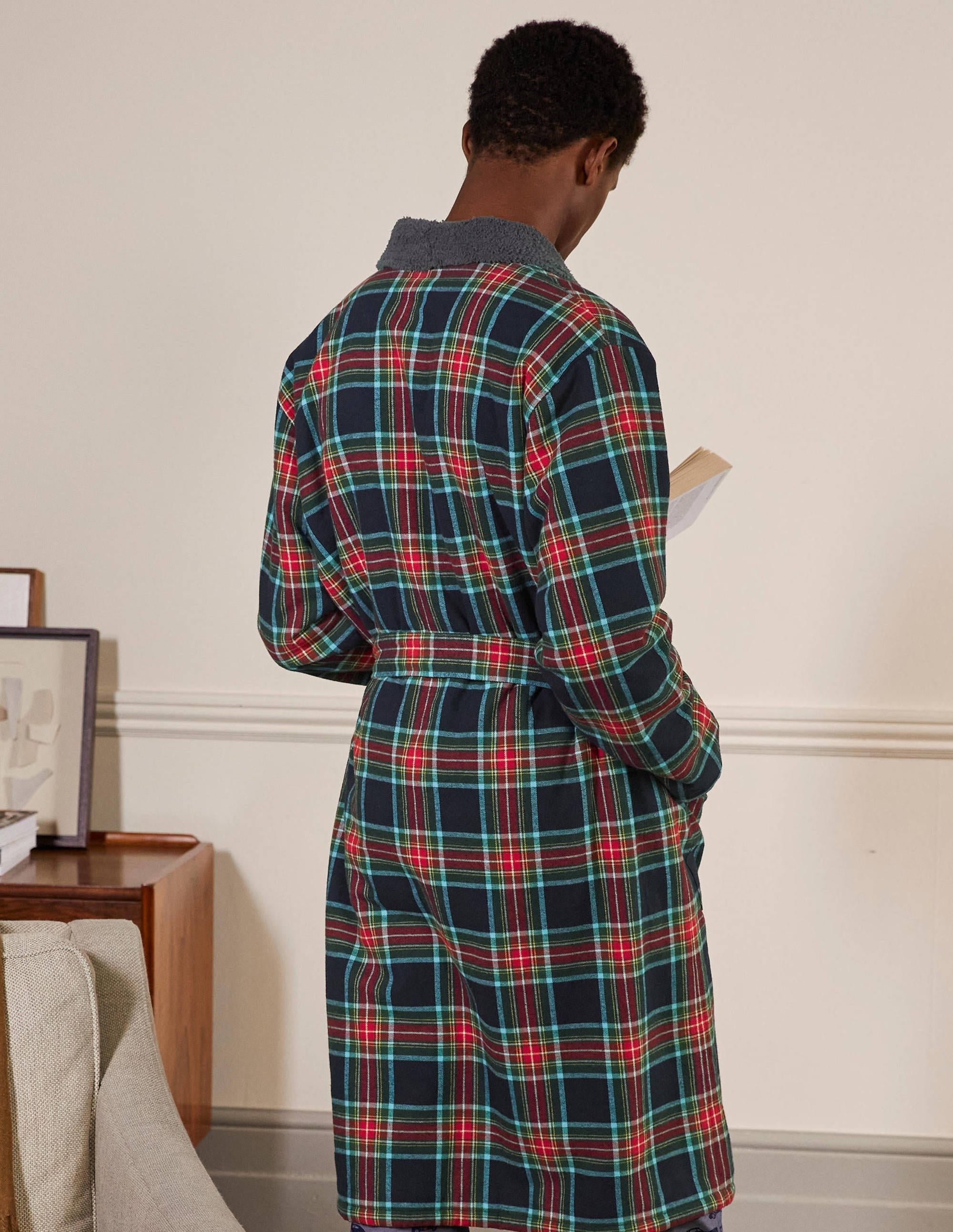 Brushed Cotton Dressing Gown-Navy and Rockabilly Red Check - Image 3