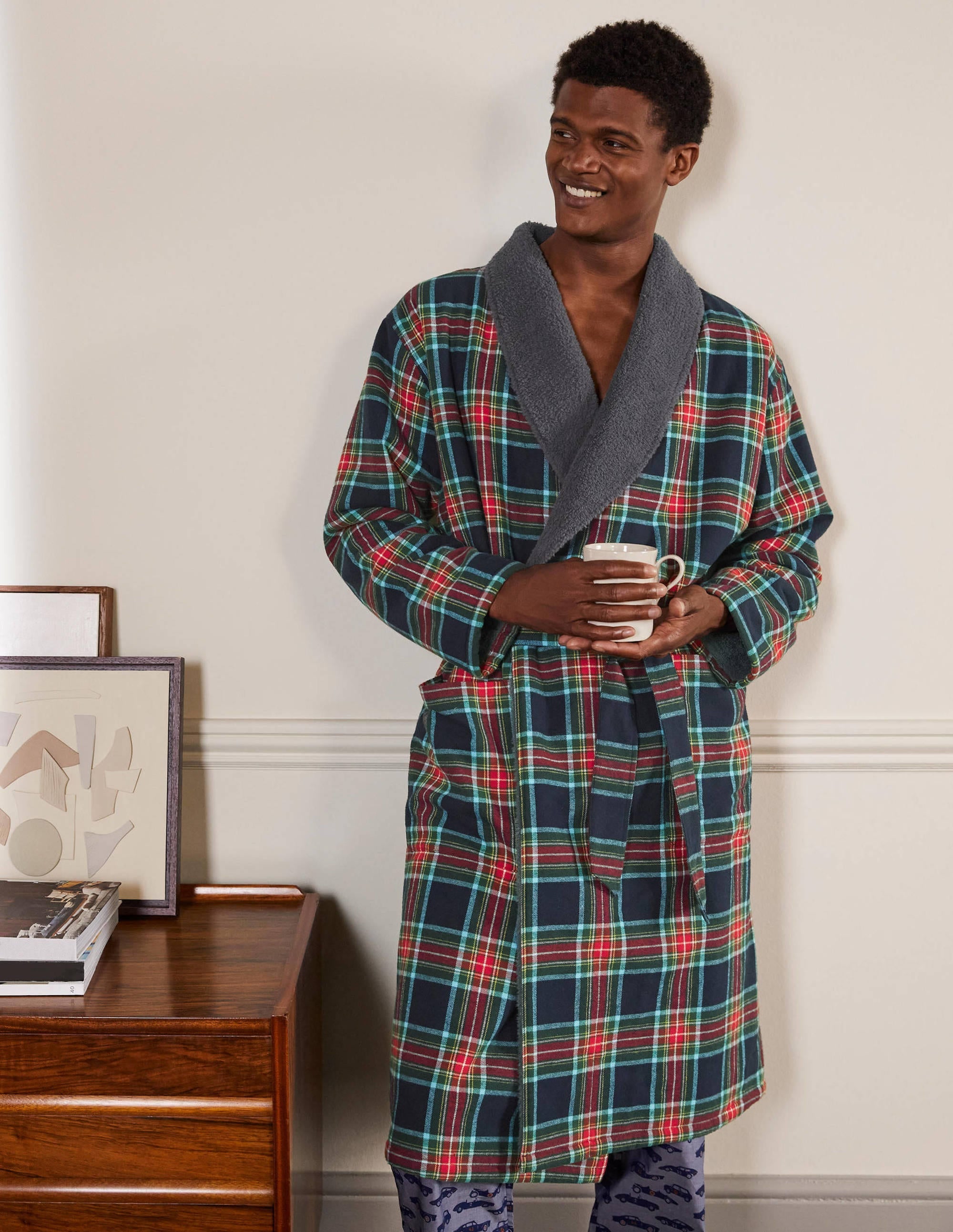 Brushed Cotton Dressing Gown-Navy and Rockabilly Red Check - Image 4