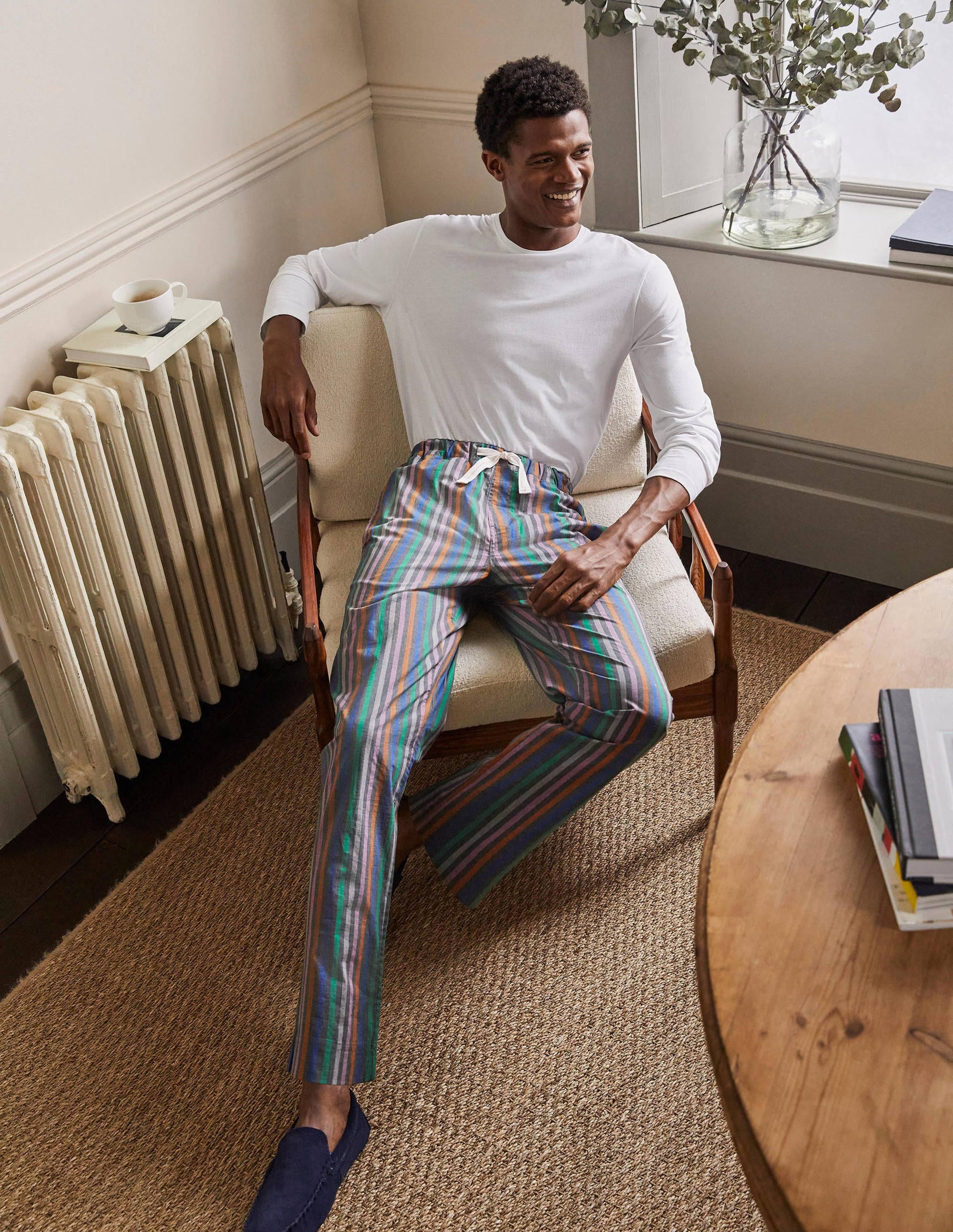 Cotton Poplin Pyjama Bottoms-Charcoal Marl Multi Stripe-1