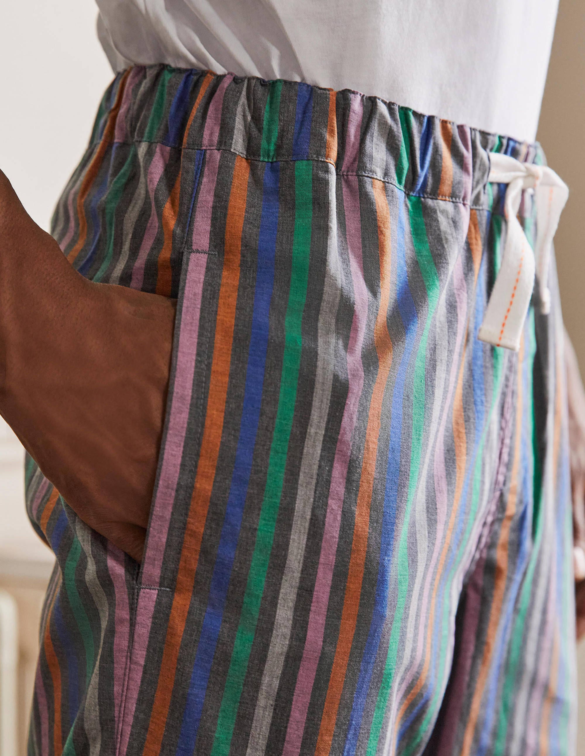 Cotton Poplin Pyjama Bottoms-Charcoal Marl Multi Stripe - Image 2