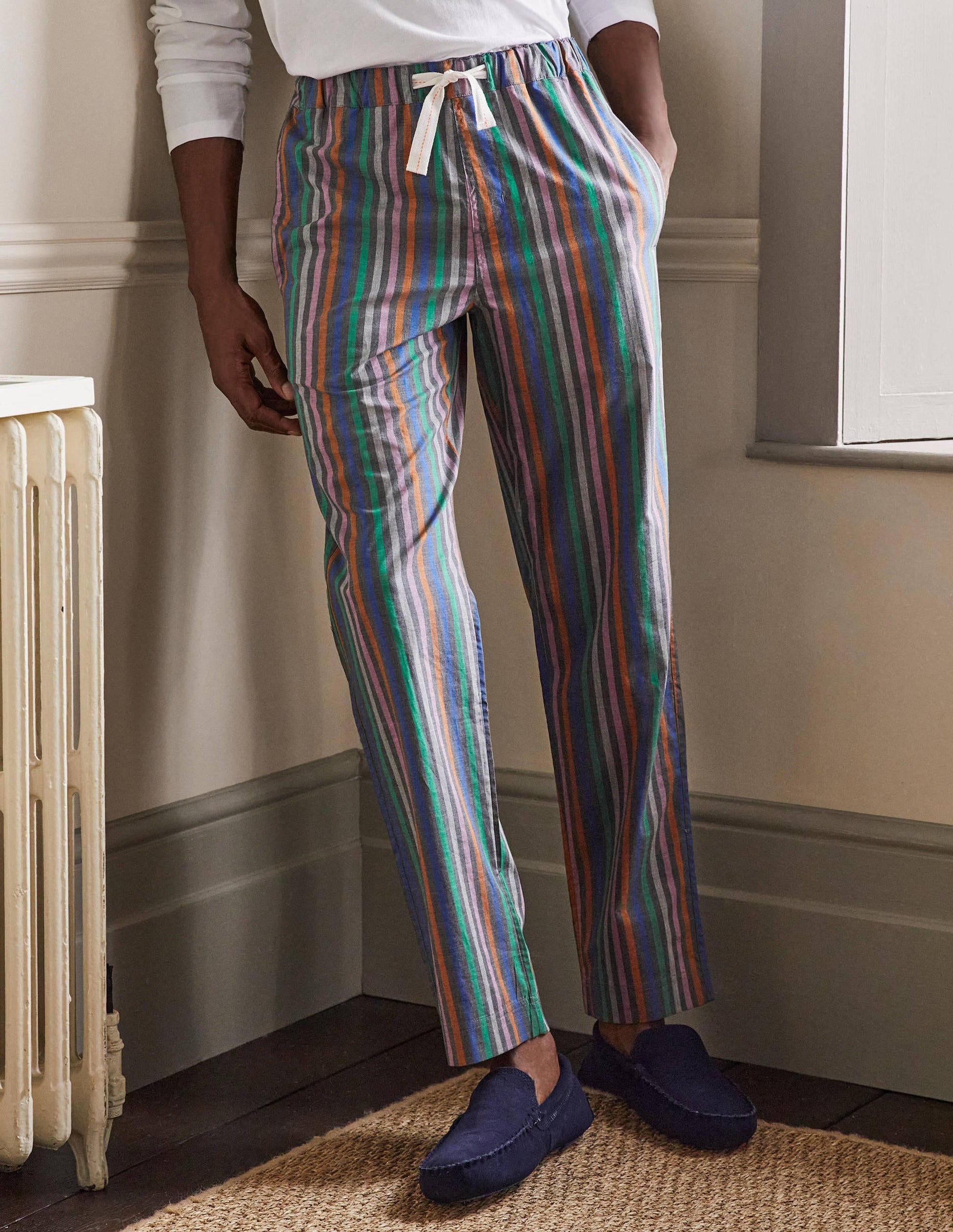 Cotton Poplin Pyjama Bottoms-Charcoal Marl Multi Stripe-4