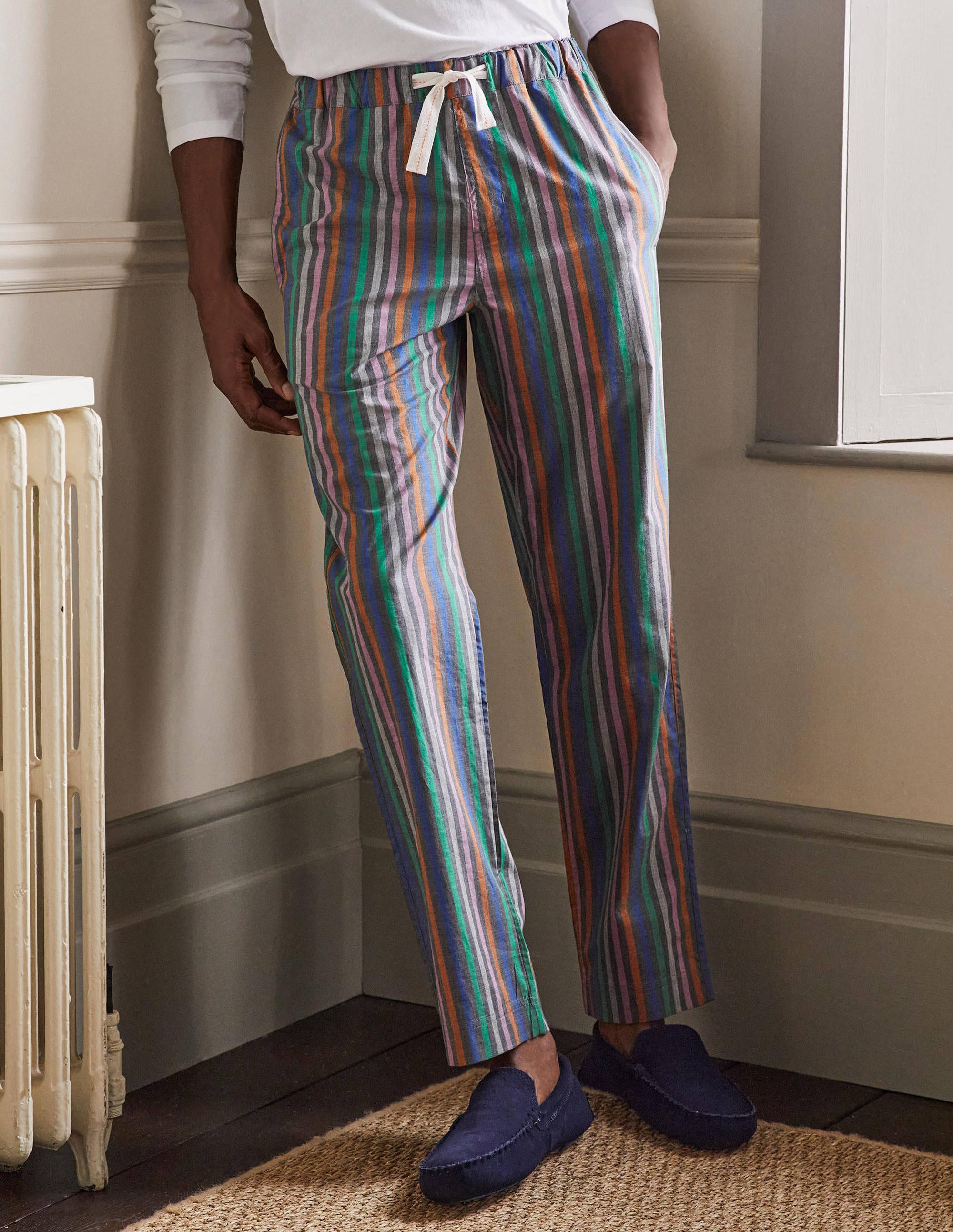 Cotton Poplin Pyjama Bottoms-Charcoal Marl Multi Stripe - Image 4